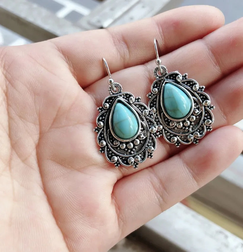 Artificial Turquoise Alloy Teardrop Dangle Earrings - Korvel
