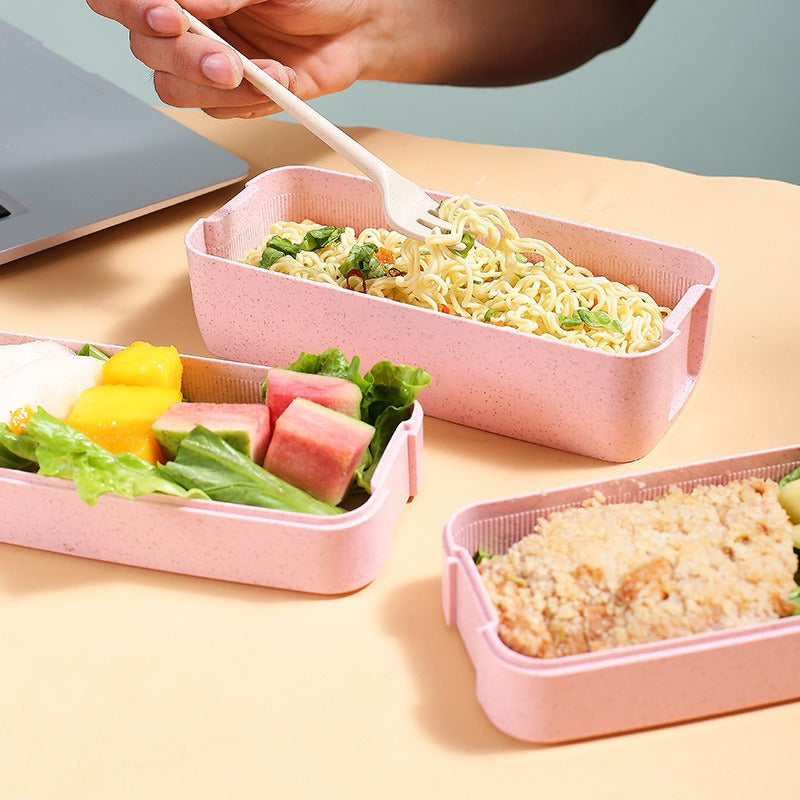 Wheat straw lunch box office portable three-layer lunch box square sealed bento box divided student lunch box - Korvel