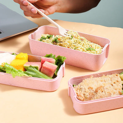 Wheat straw lunch box office portable three-layer lunch box square sealed bento box divided student lunch box - Korvel