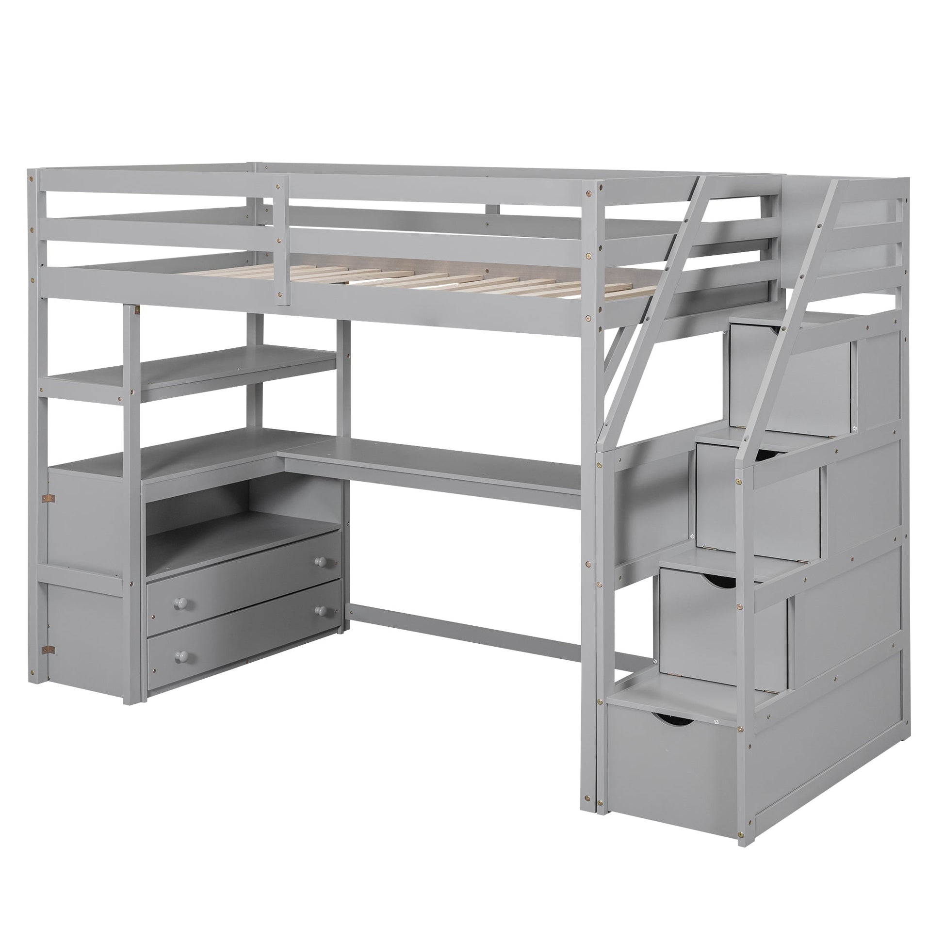 Twin Size Loft Bed with Desk and Shelves Two Built-in Drawers, Storage Staircase Gray - Korvel