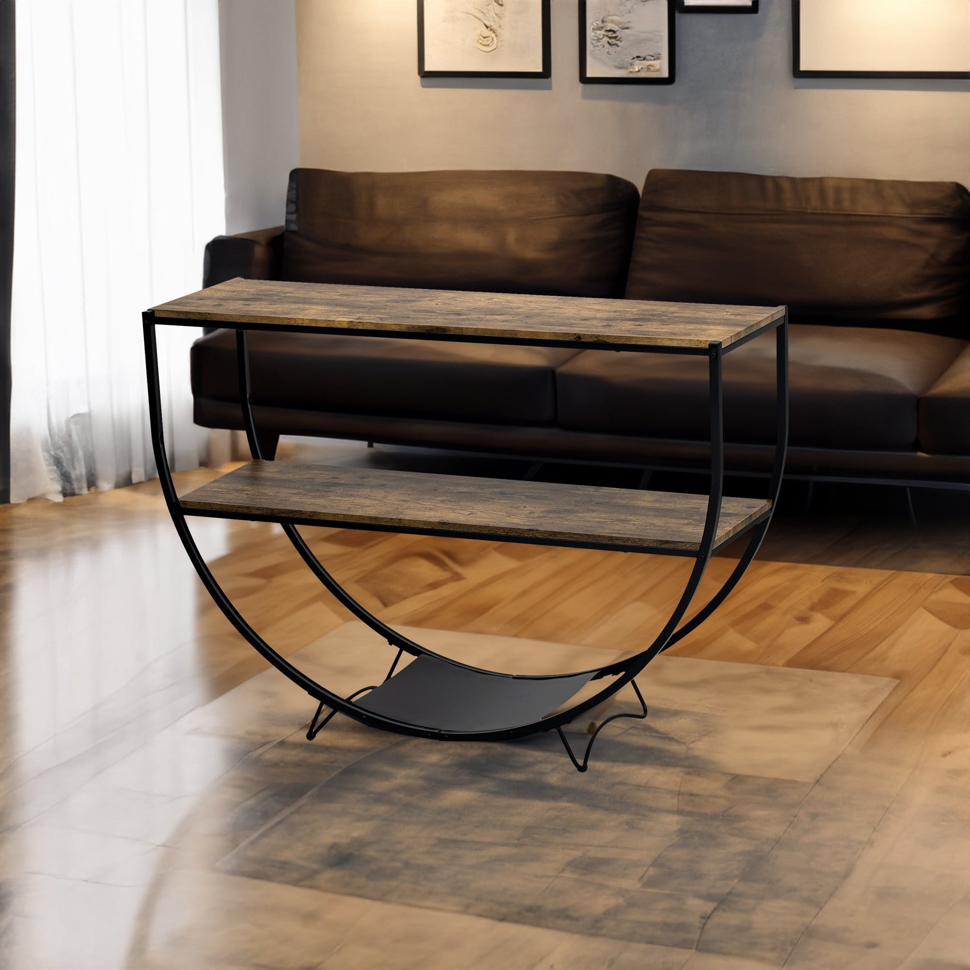 TREXM Rustic Industrial Design Demilune Shape Textured Metal Distressed Wood Console Table (Distressed Brown) - Korvel