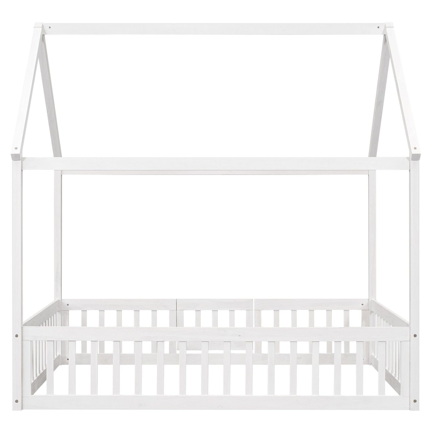 Full Size Wood House Bed with Fence and Door White Wash - Korvel