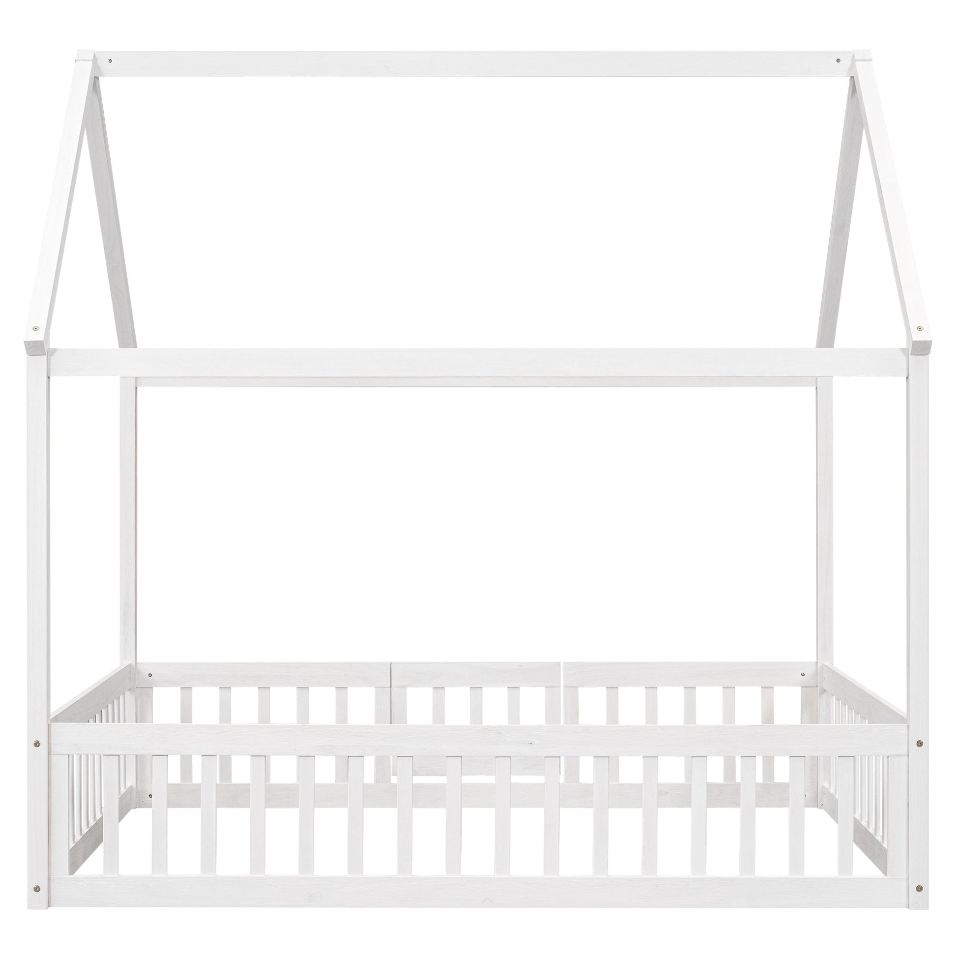 Full Size Wood House Bed with Fence and Door White Wash - Korvel