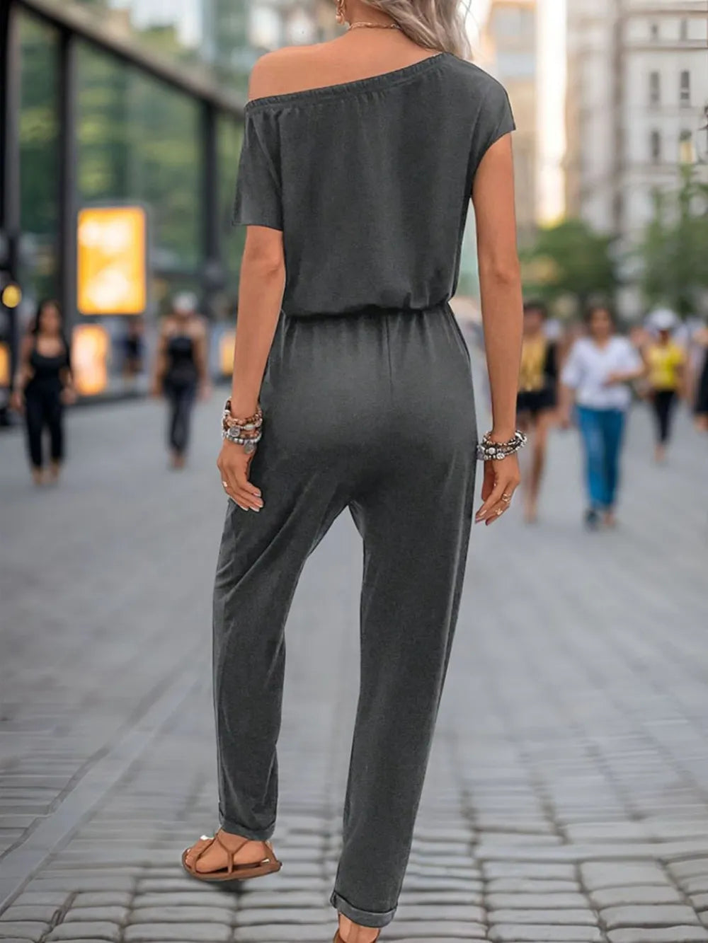 Perfee Single Shoulder Short Sleeve Jumpsuit - Korvel