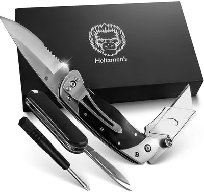 Premium Utility Knife, Folding Pocket Knife Combo, Box Cutter, Heavy Duty Dual Blades W/Belt Clip Gift Set for Dad Carpenter or Construction Worker - Korvel