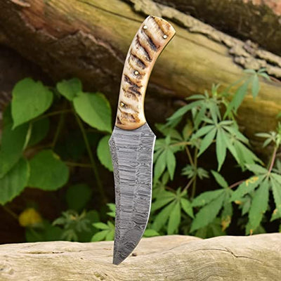 Exquisite Handcrafted Damascus Steel Hunting Knife with Sheep Horn Handle - 8.5" Length & Leather Sheath - Korvel