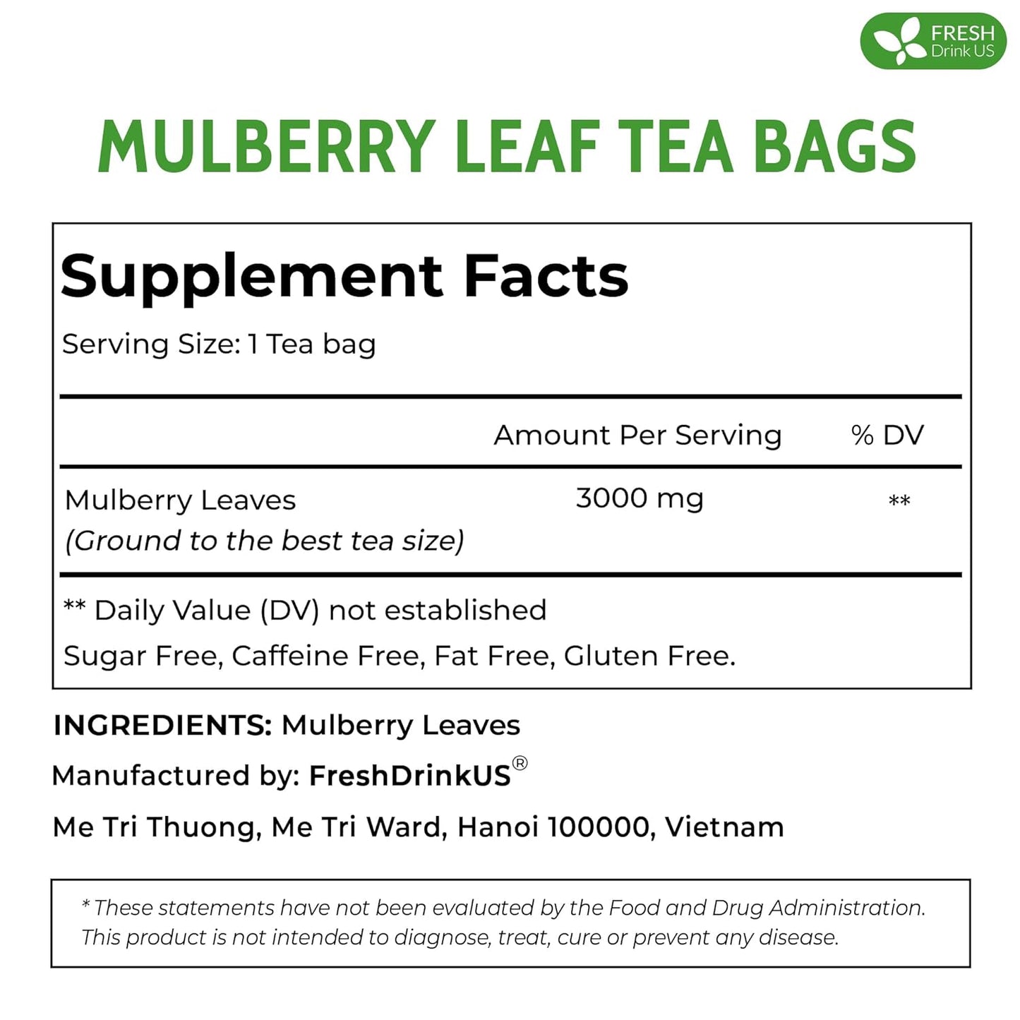 Premium Mulberry Leaf Tea Bags - Sugar-Free, Caffeine-Free, Vegan