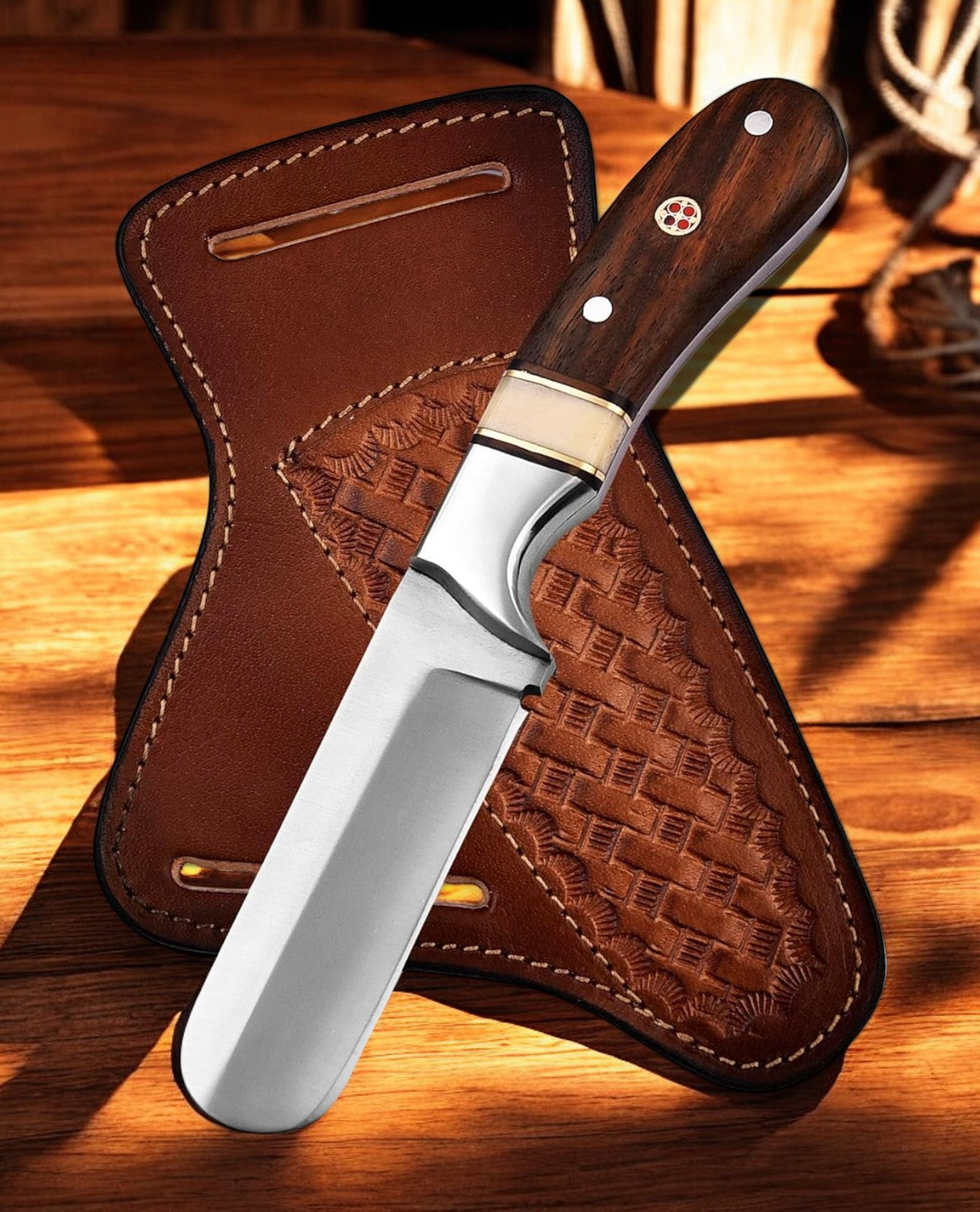 Premium Custom Bull Cutter Knife – 7" D2 Steel with Leather Sheath - Korvel