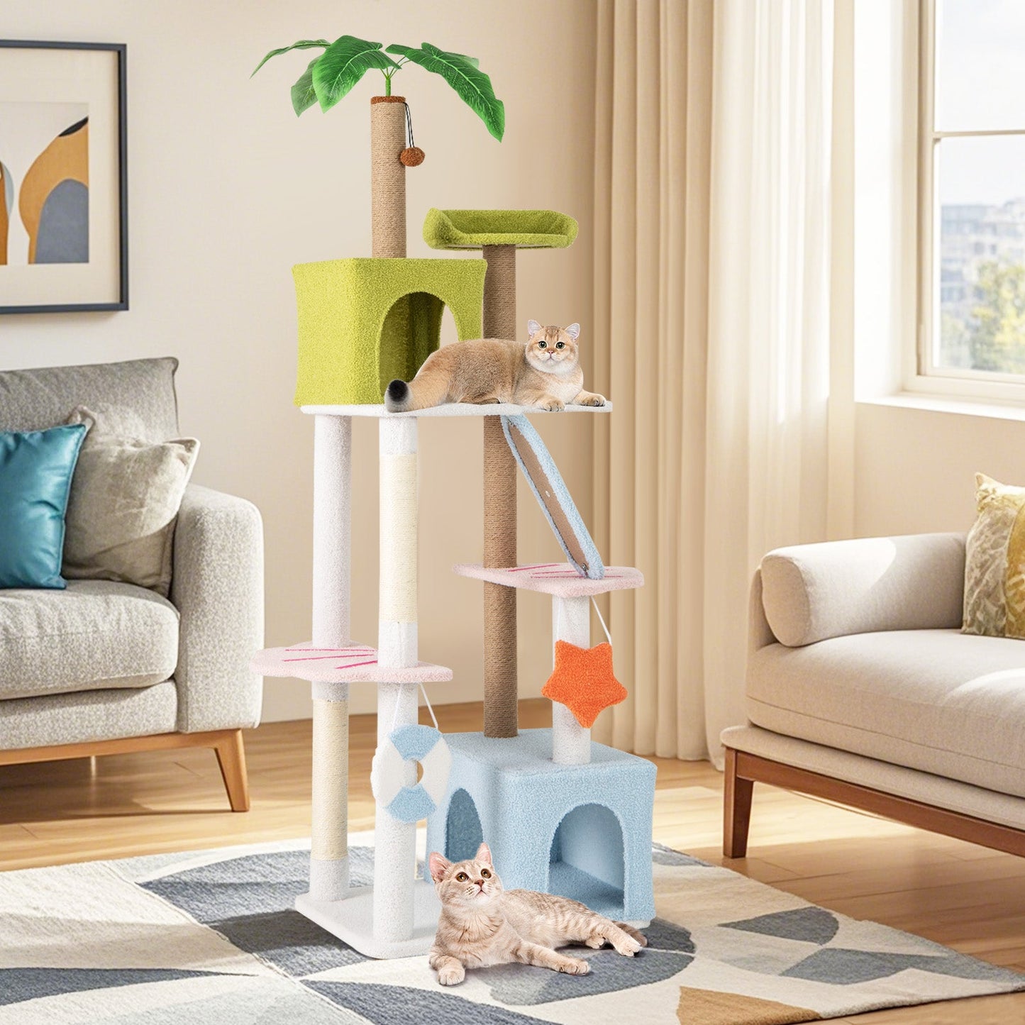 Árbol para gatos temático de playa de 71 pulgadas y múltiples niveles