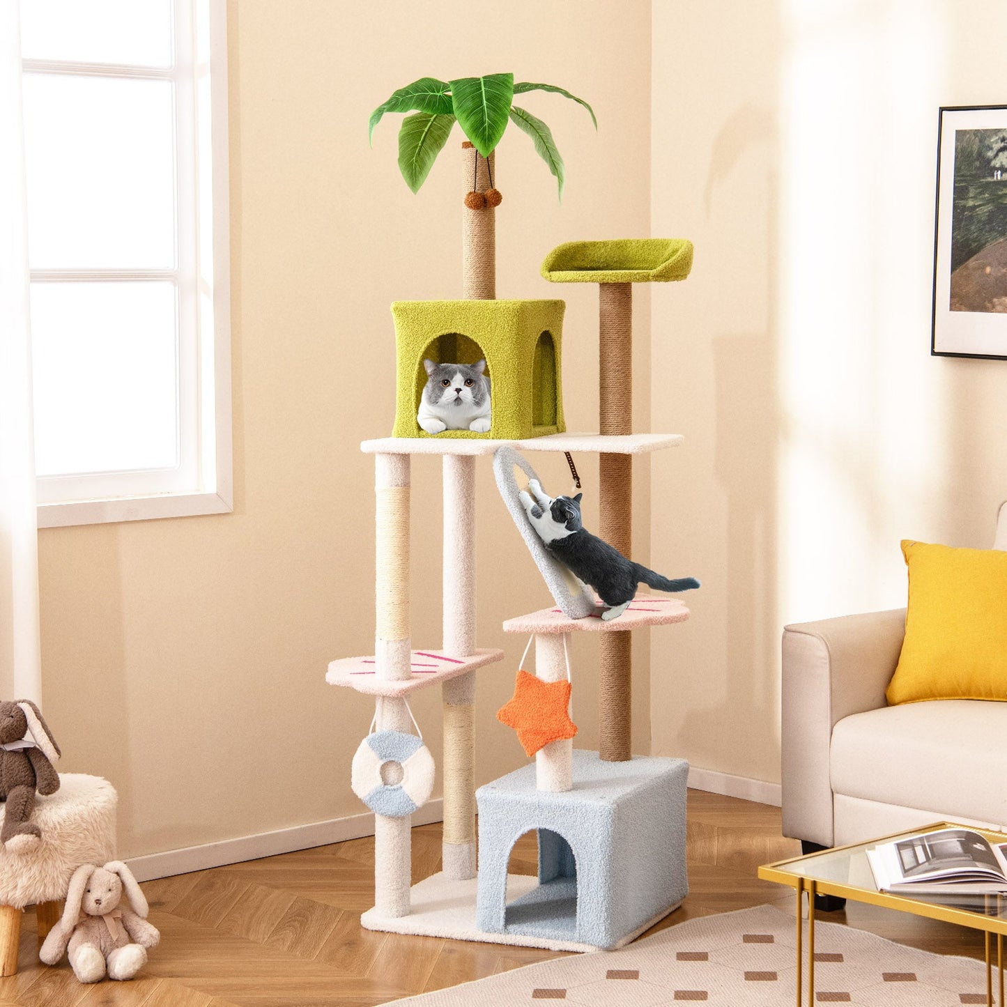Árbol para gatos temático de playa de 71 pulgadas y múltiples niveles