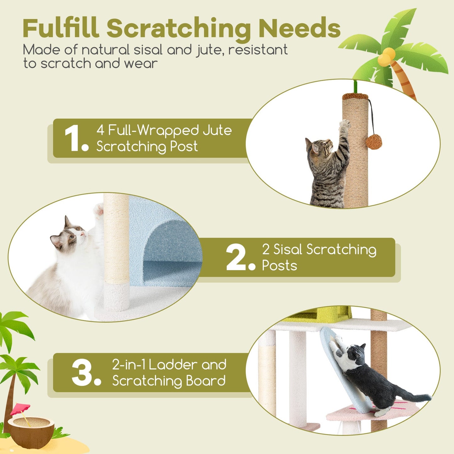 Árbol para gatos temático de playa de 71 pulgadas y múltiples niveles