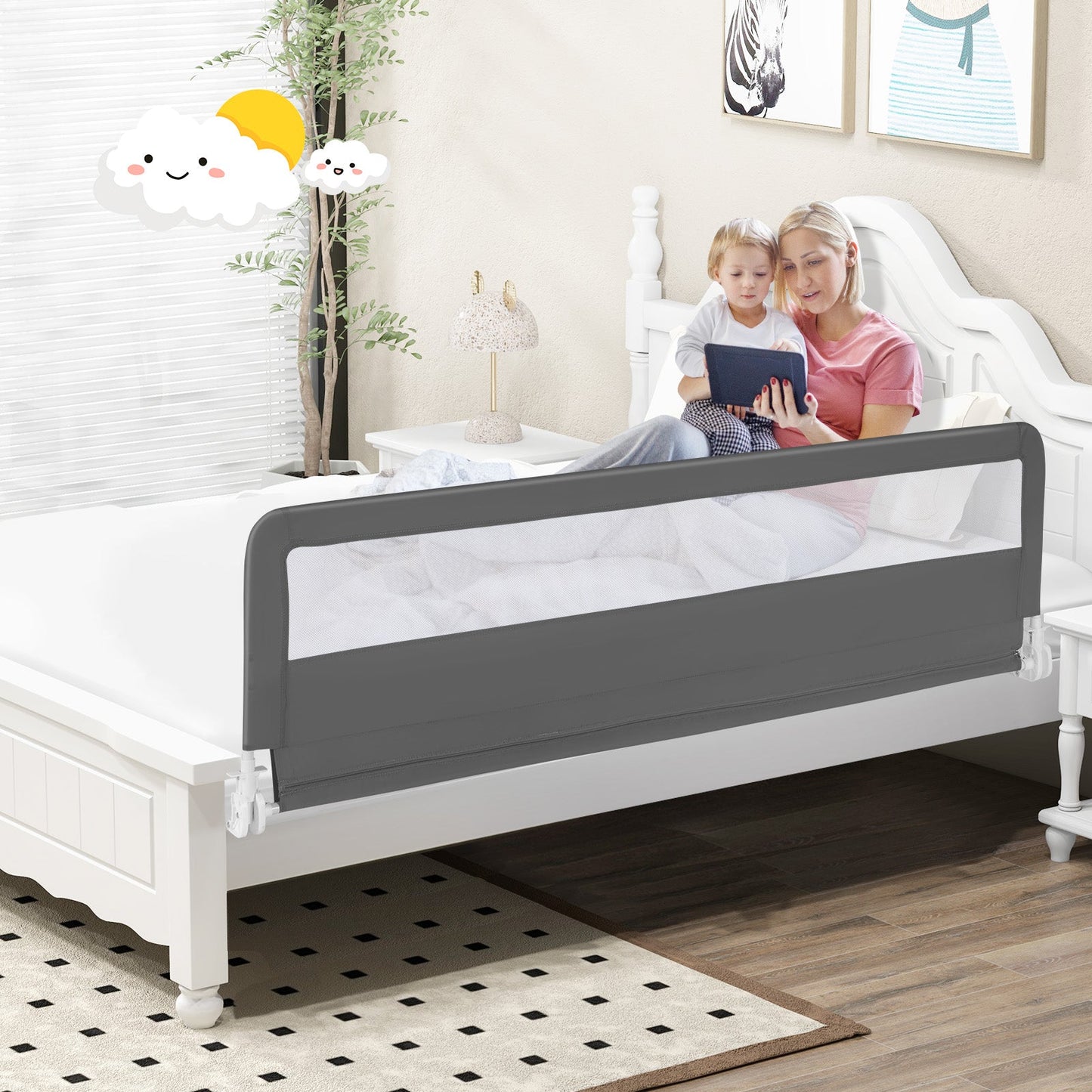 71 Inch Extra Long Swing Down Bed Guardrail - Gray
