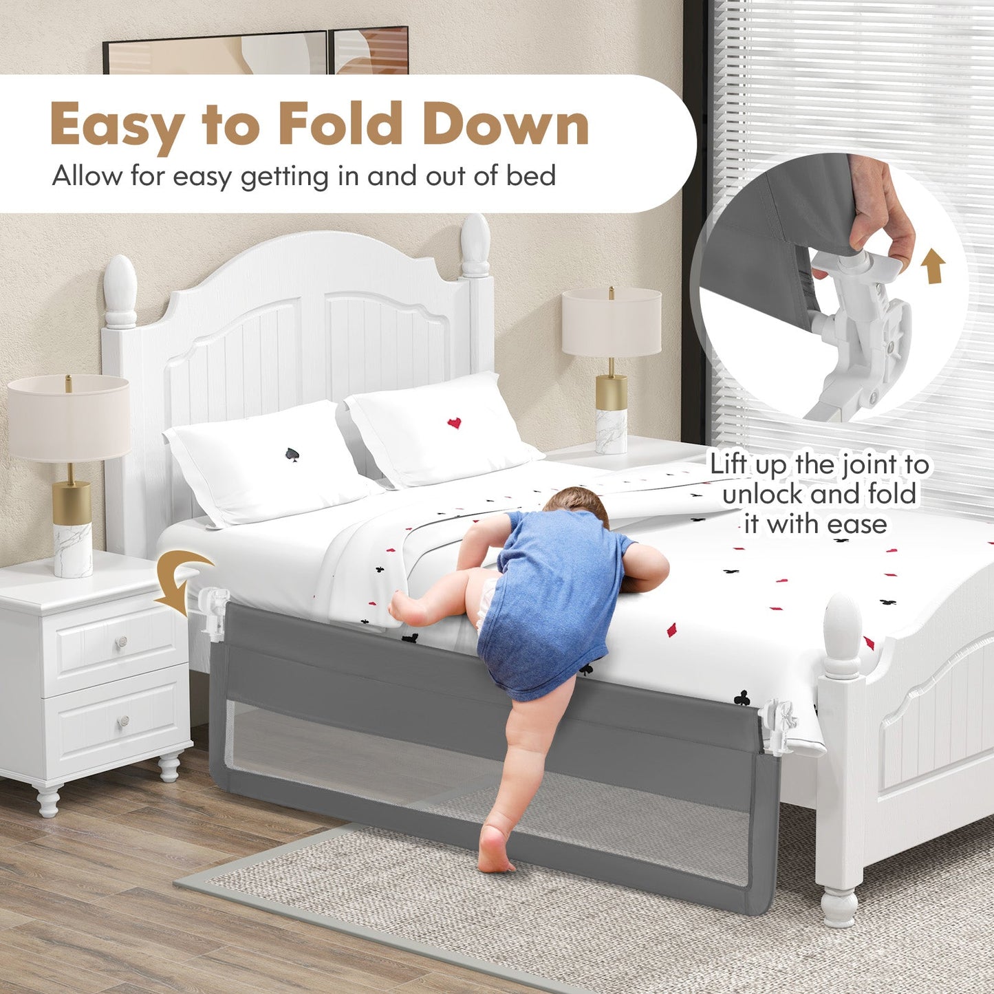 71 Inch Extra Long Swing Down Bed Guardrail - Gray