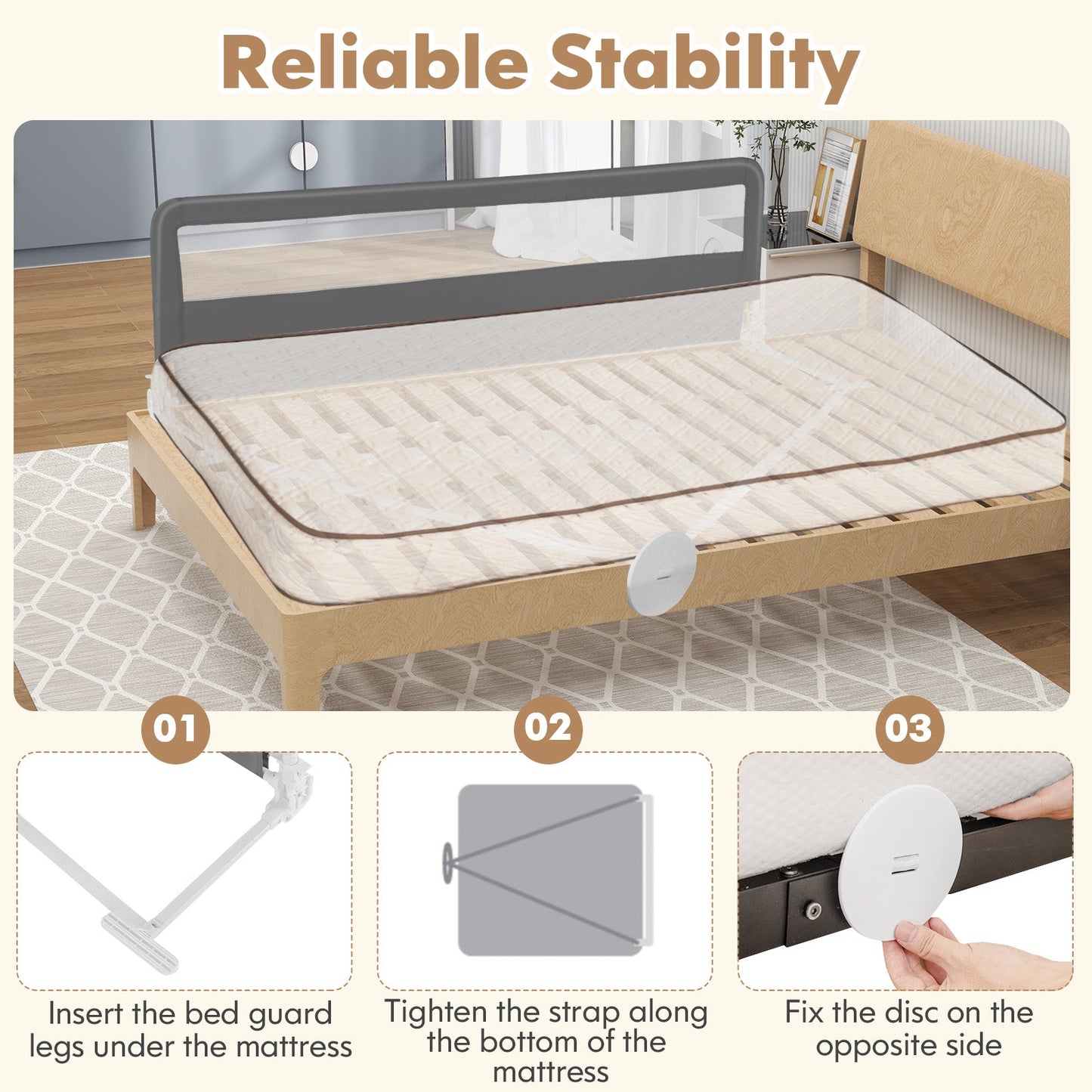 71 Inch Extra Long Swing Down Bed Guardrail - Gray