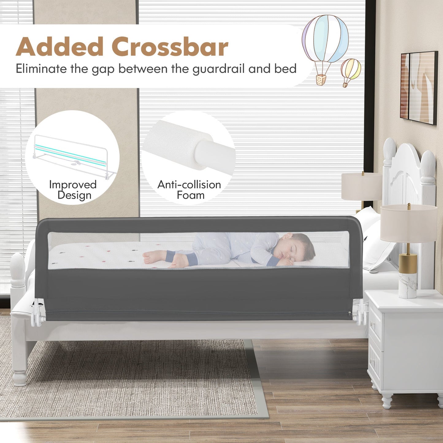 71 Inch Extra Long Swing Down Bed Guardrail - Gray