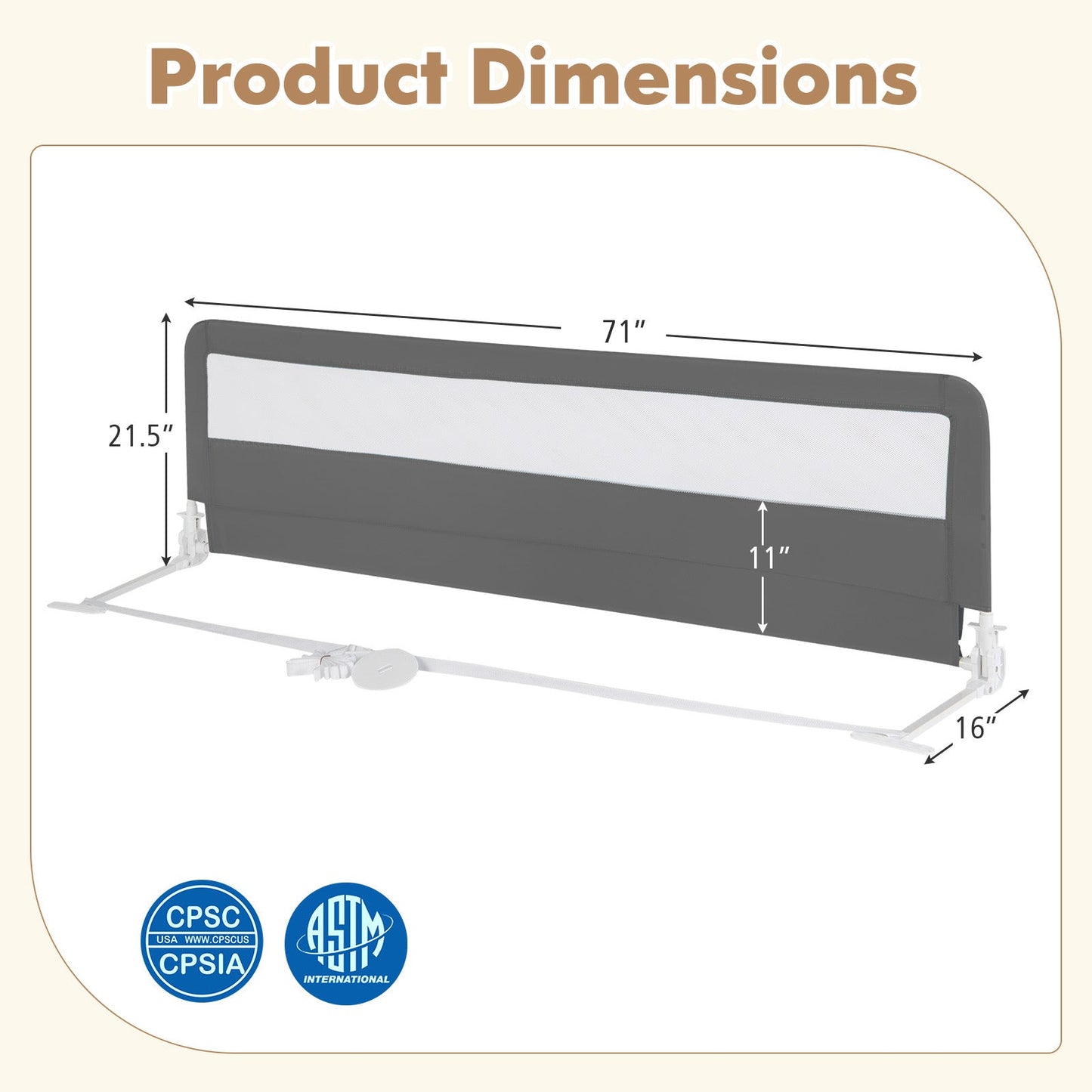 71 Inch Extra Long Swing Down Bed Guardrail - Gray