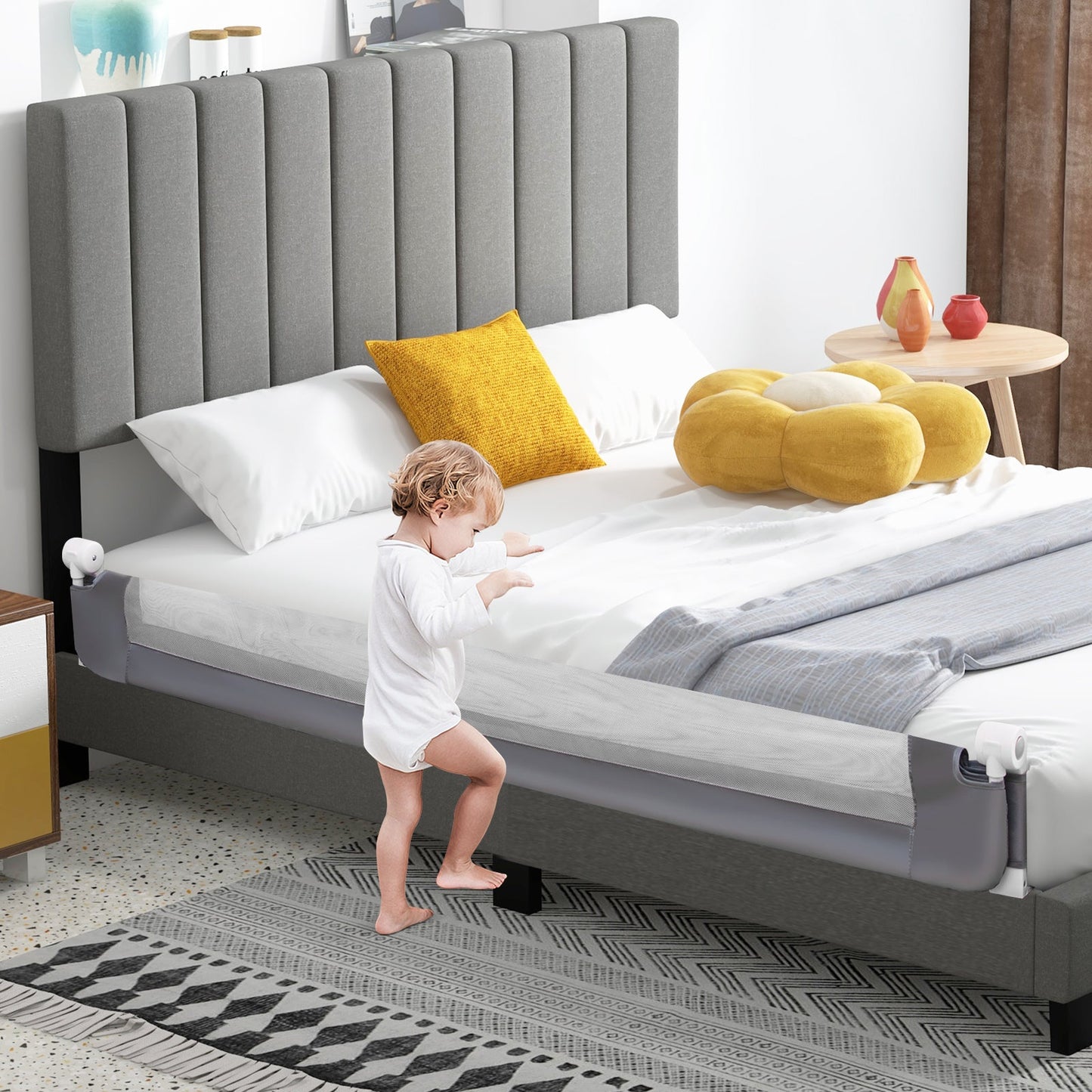 Barrière de lit pliable de 71 pouces pour la sécurité des tout-petits - Gris