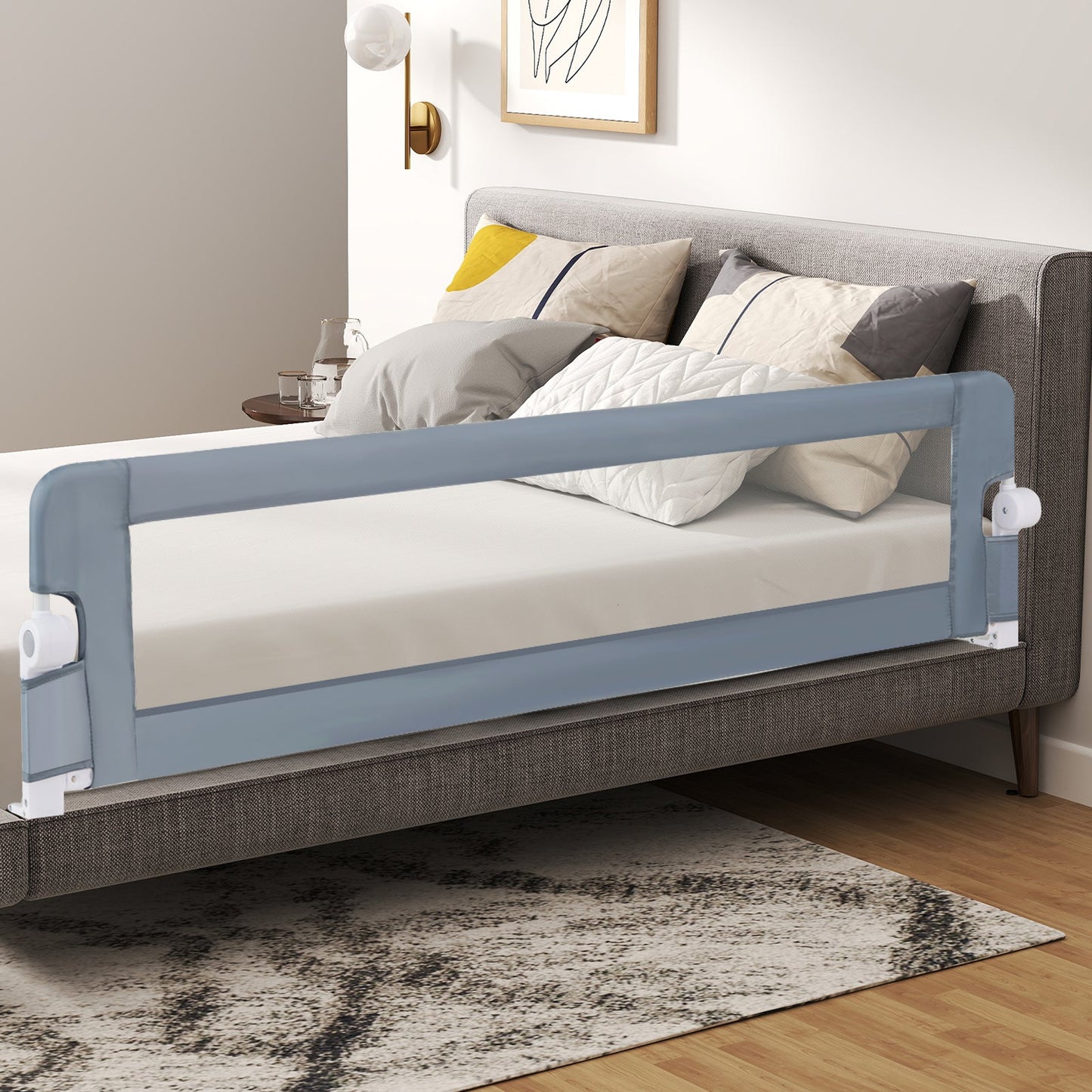 Barrière de lit pliable de 71 pouces pour la sécurité des tout-petits - Gris