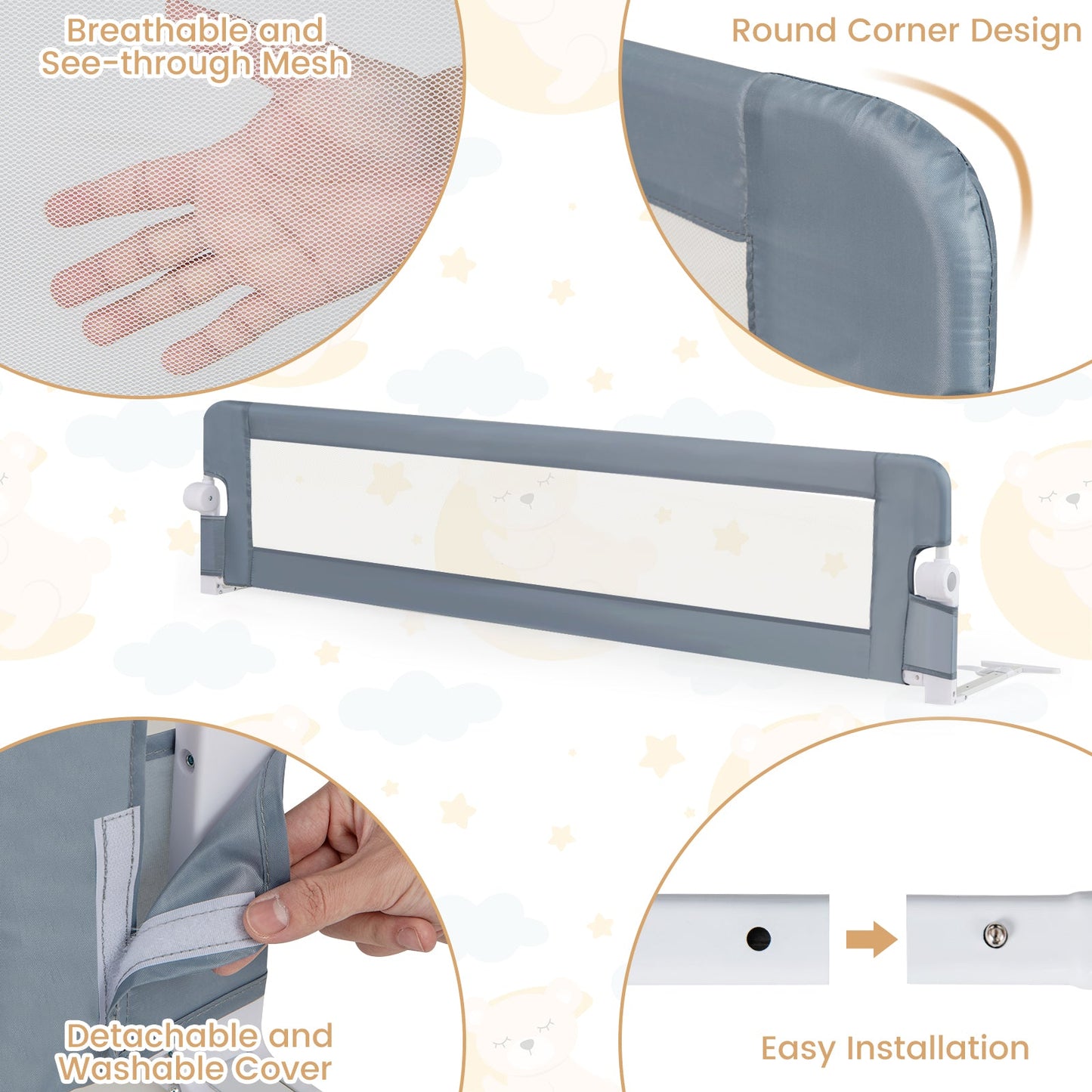 Barrière de lit pliable de 71 pouces pour la sécurité des tout-petits - Gris