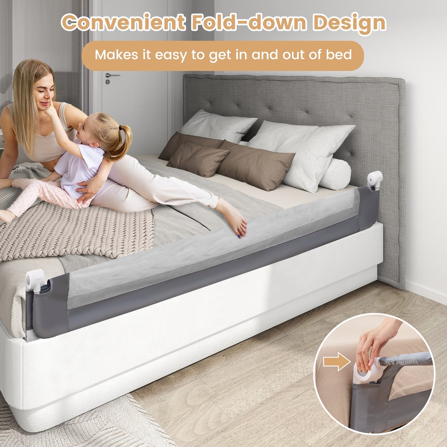 Barrière de lit pliable de 71 pouces pour la sécurité des tout-petits - Gris