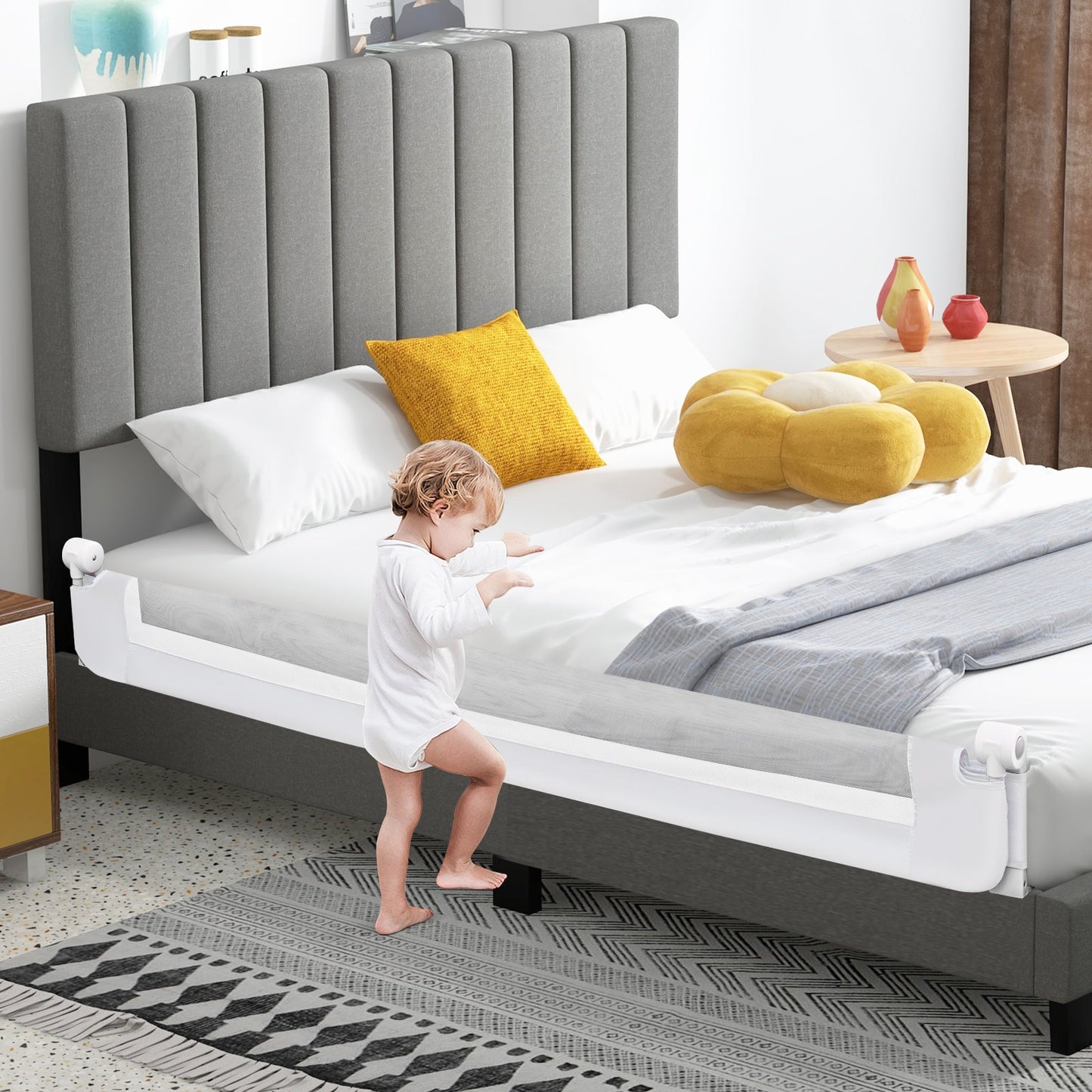 Barrière de lit pliable de 71 pouces pour la sécurité des tout-petits - Blanc