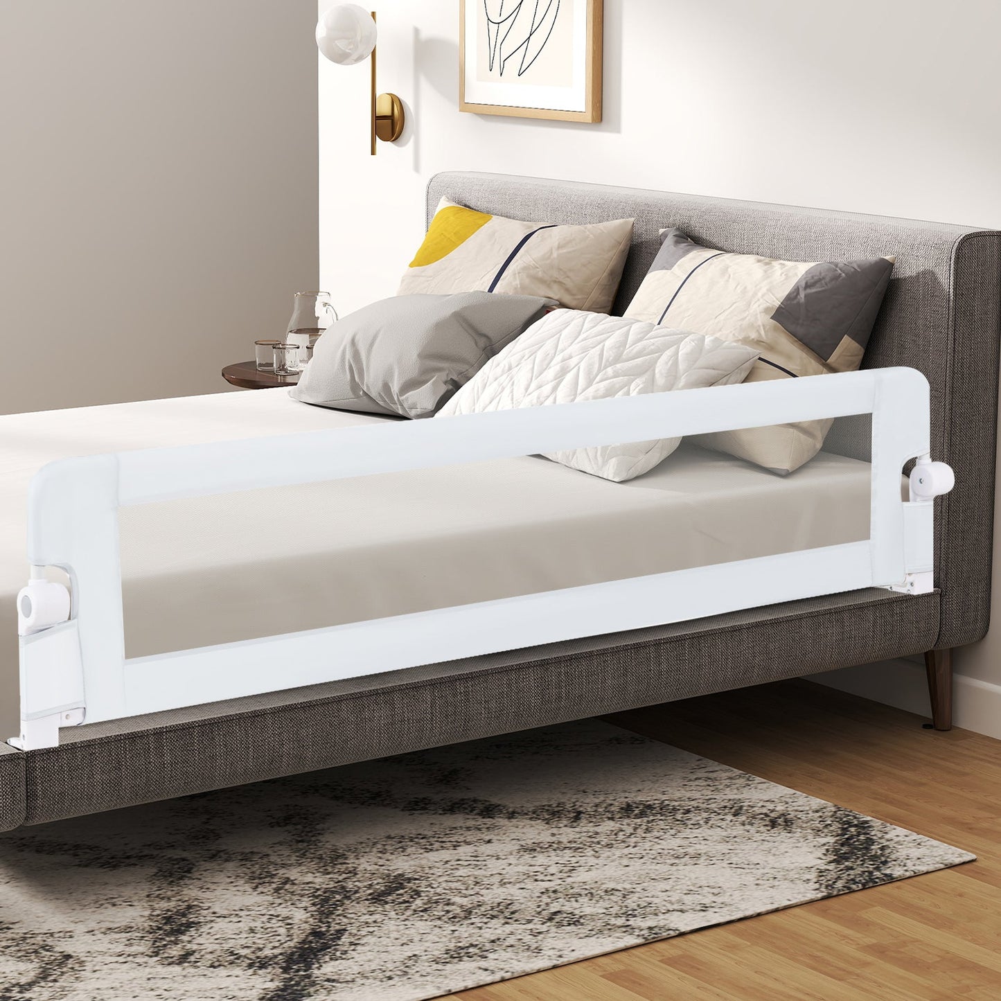 Barrière de lit pliable de 71 pouces pour la sécurité des tout-petits - Blanc