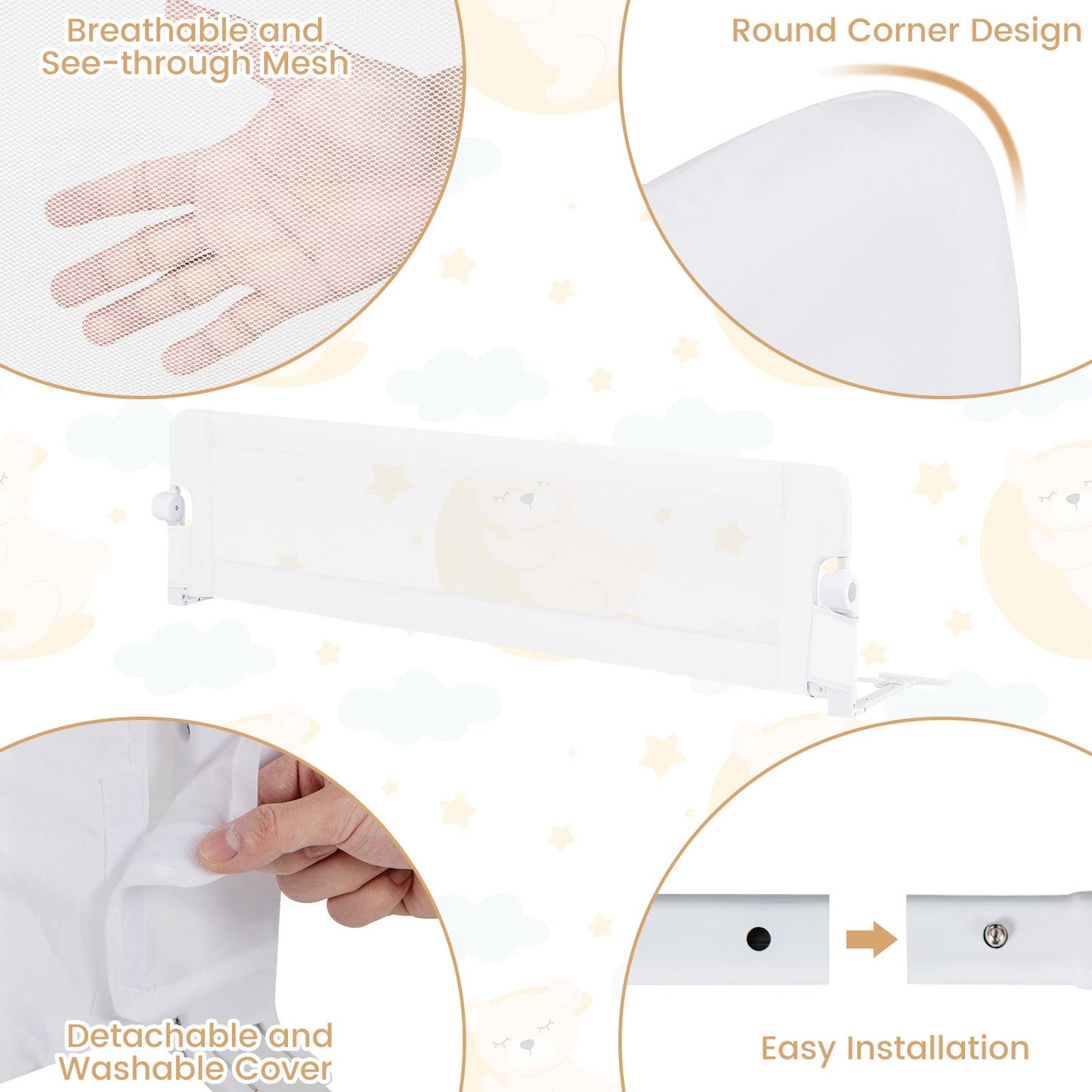 Barrière de lit pliable de 71 pouces pour la sécurité des tout-petits - Blanc