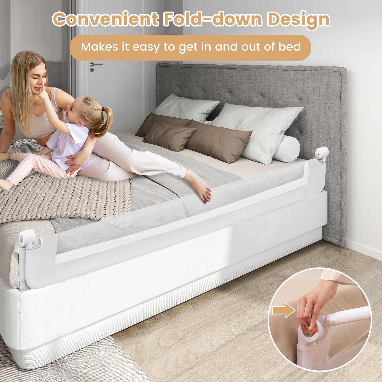 Barrière de lit pliable de 71 pouces pour la sécurité des tout-petits - Blanc