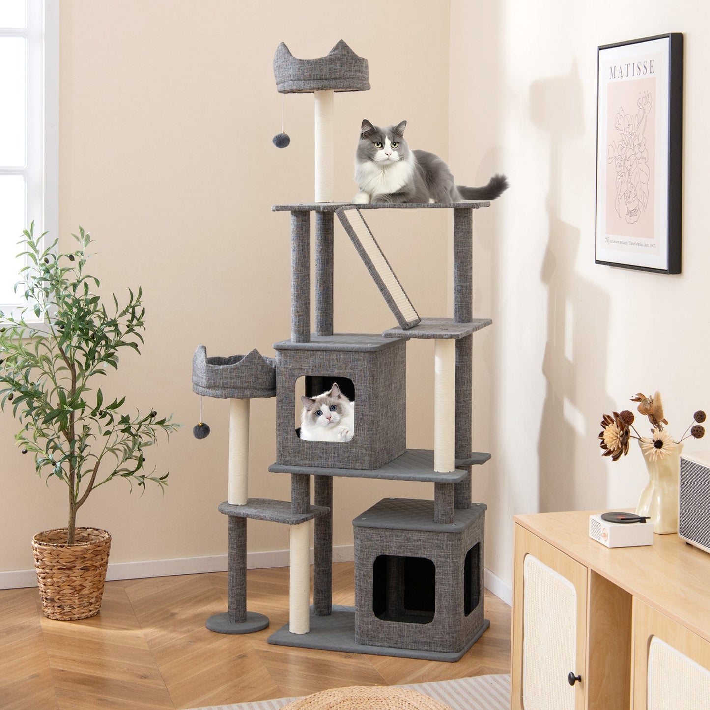 Árbol para gatos de 71 pulgadas de altura con múltiples niveles y postes para rascar - Gris