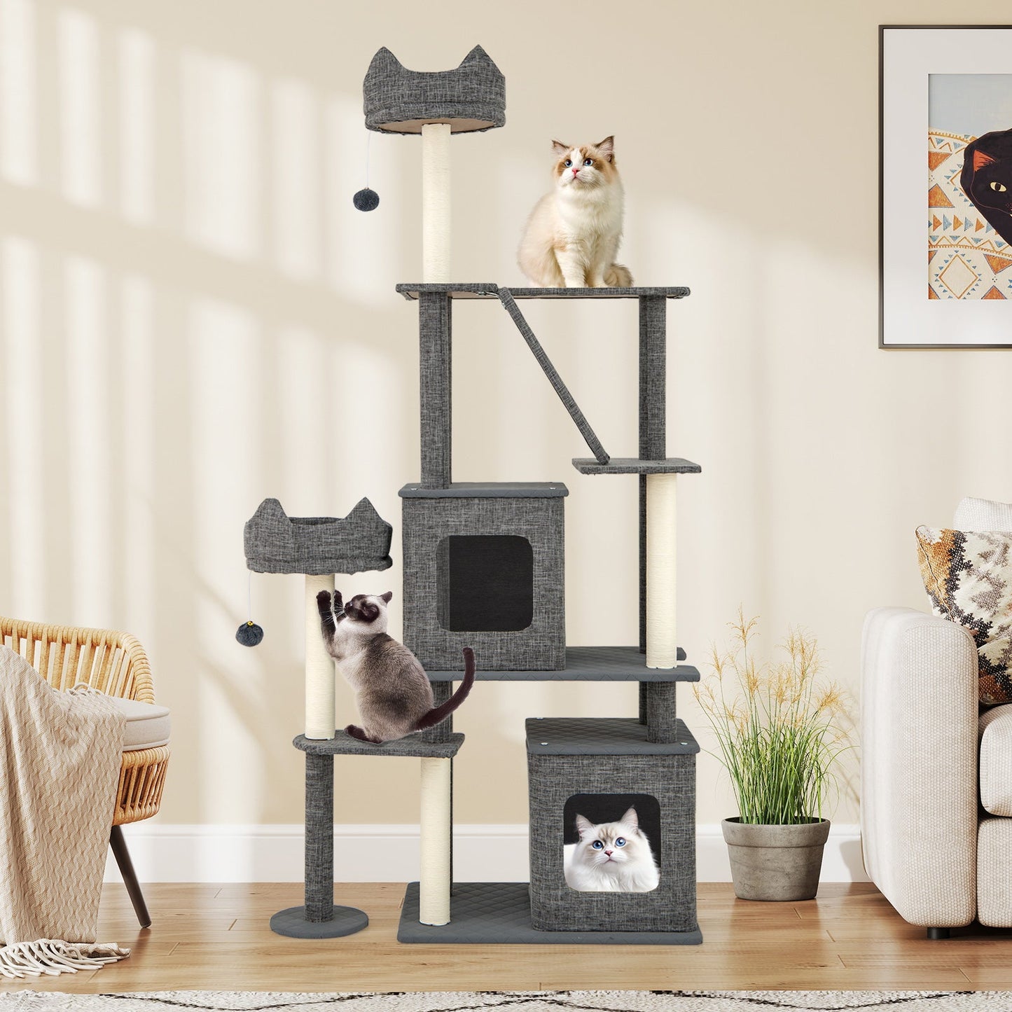 Árbol para gatos de 71 pulgadas de altura con múltiples niveles y postes para rascar - Gris
