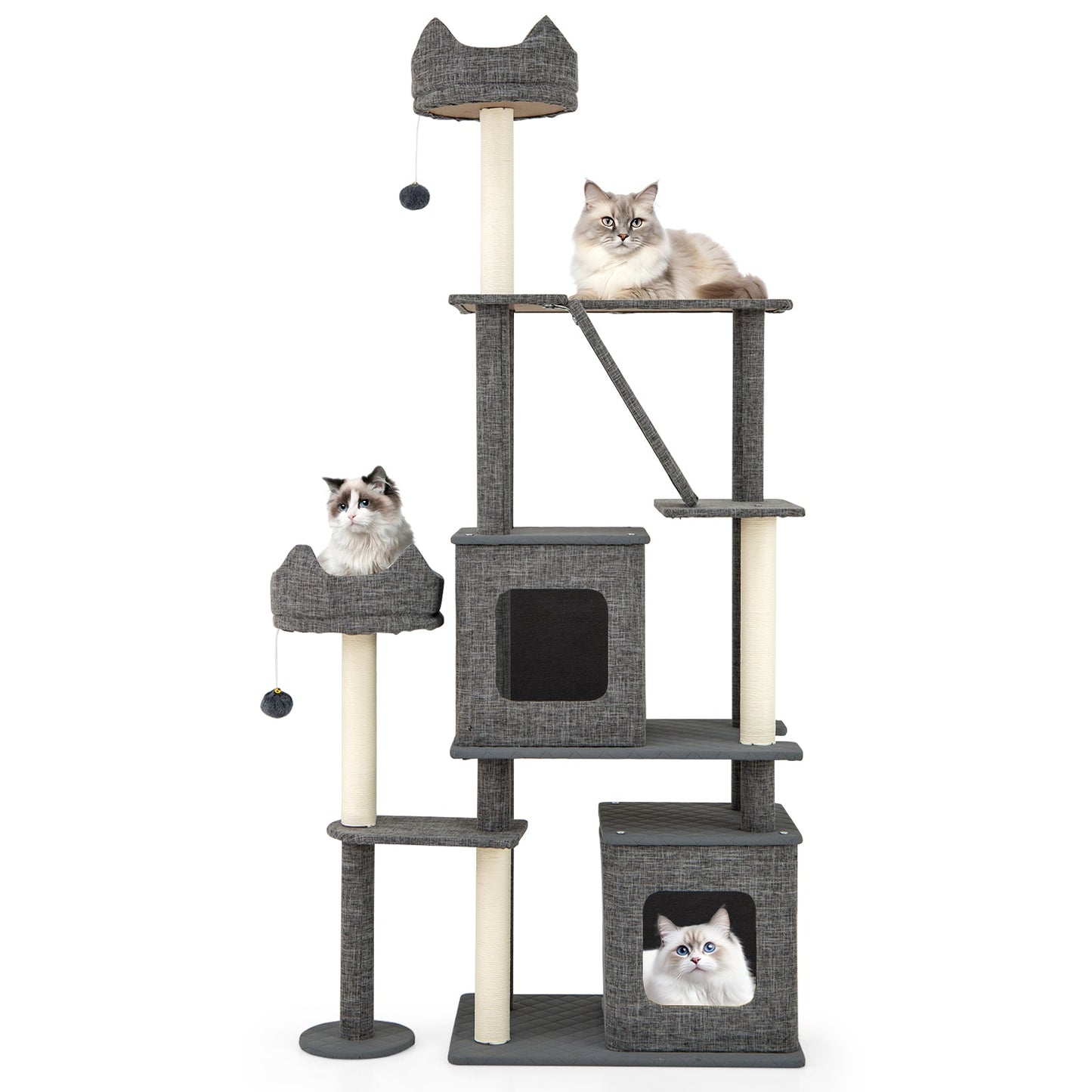 Árbol para gatos de 71 pulgadas de altura con múltiples niveles y postes para rascar - Gris