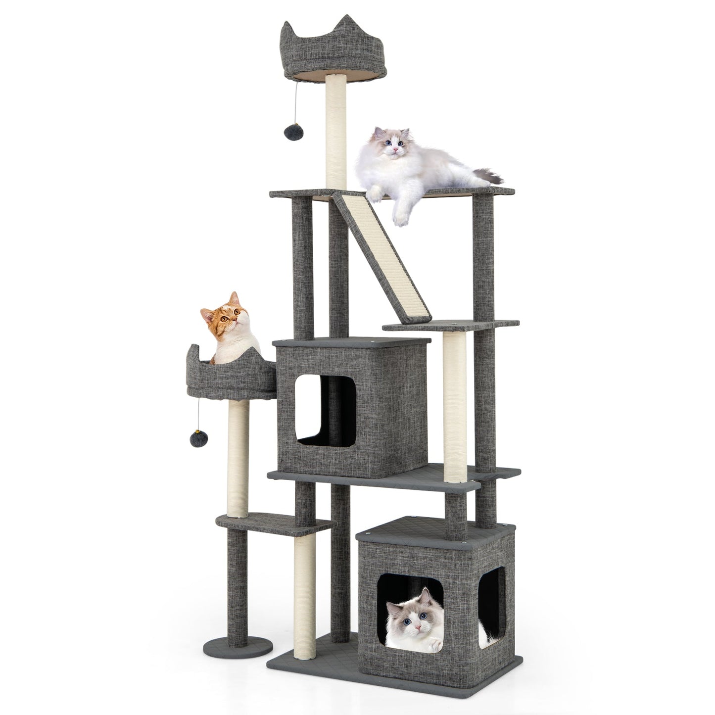 Árbol para gatos de 71 pulgadas de altura con múltiples niveles y postes para rascar - Gris