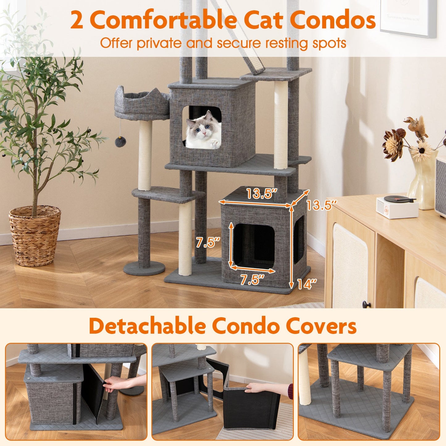 Árbol para gatos de 71 pulgadas de altura con múltiples niveles y postes para rascar - Gris
