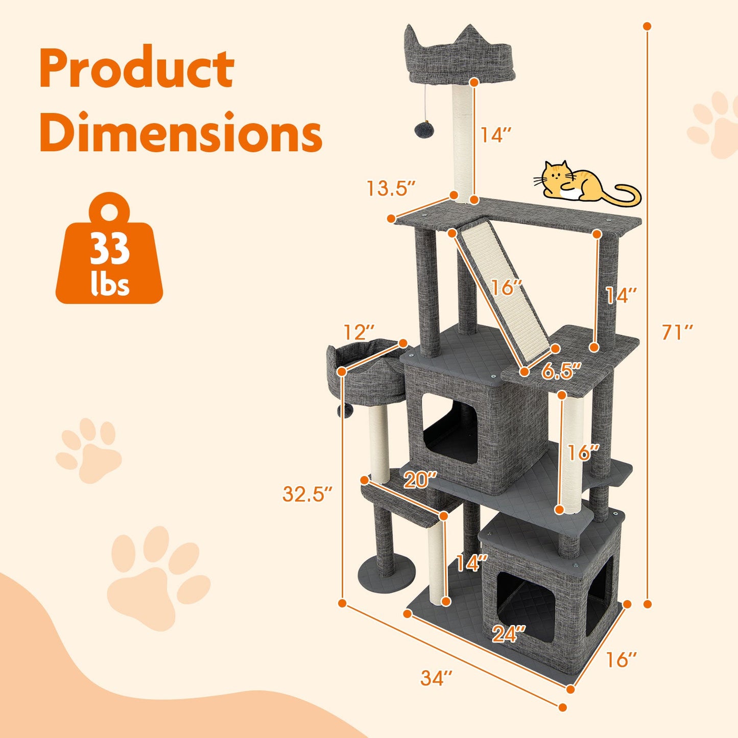 Árbol para gatos de 71 pulgadas de altura con múltiples niveles y postes para rascar - Gris