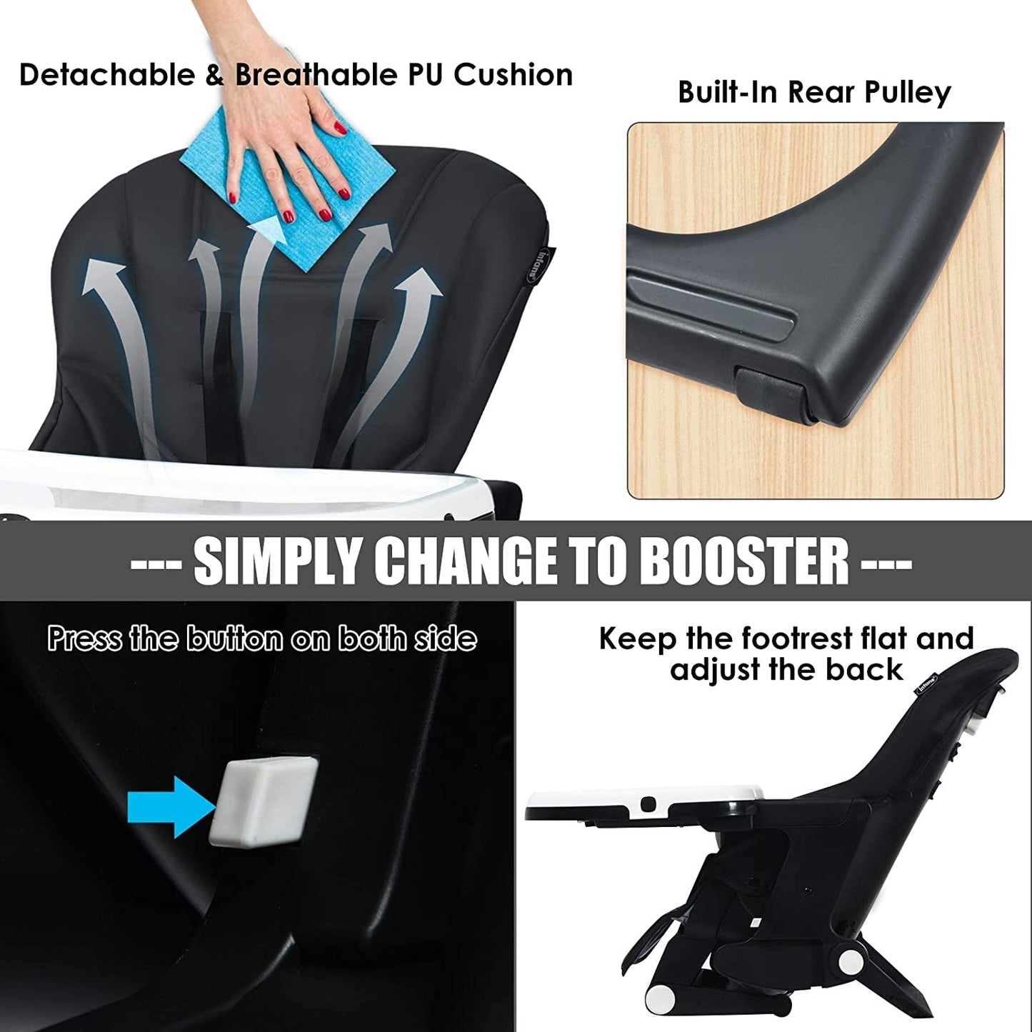 Silla alta ajustable 4 en 1 y asiento elevador - Negro