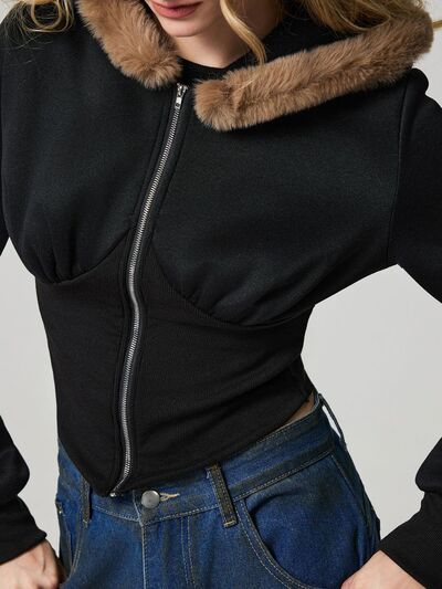 Black Fuzzy Hem Hooded Zip-Up Jacket