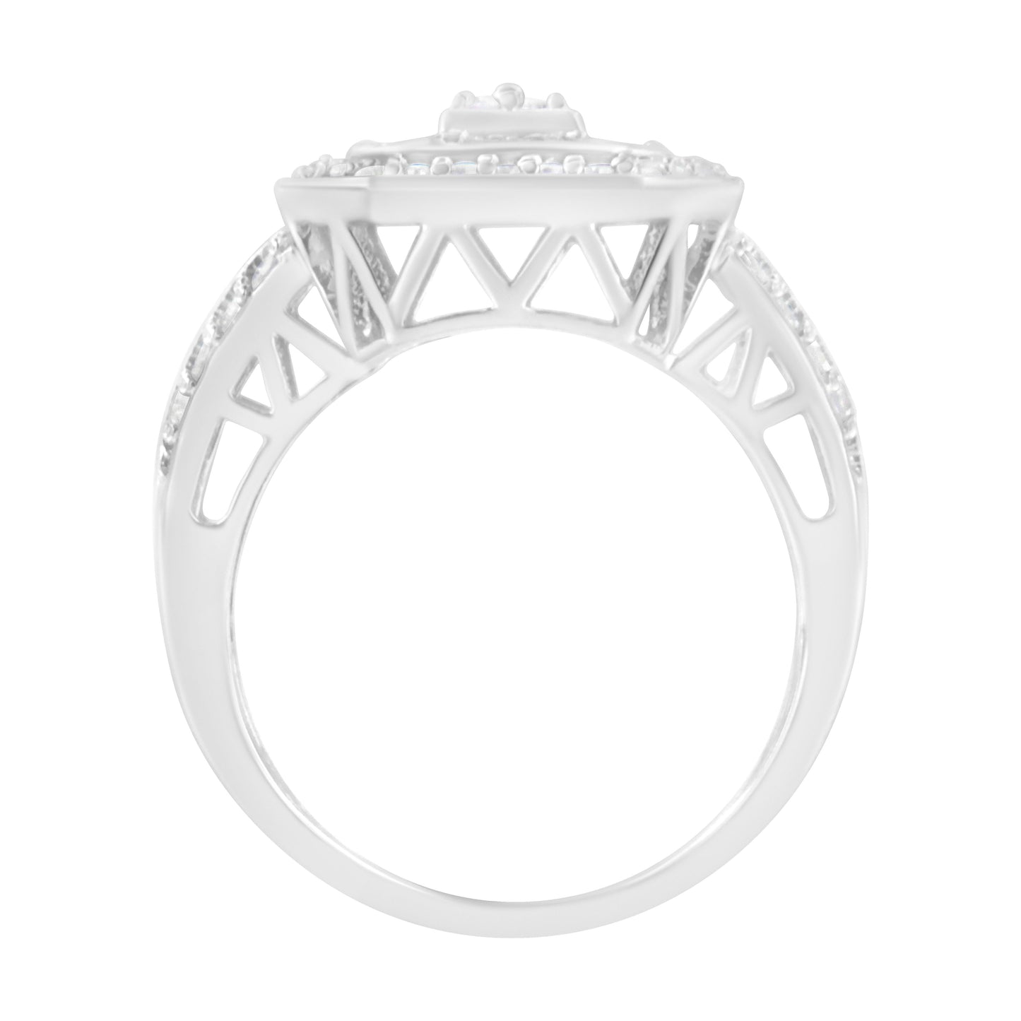 .925 Sterling Silver Round and Baguette Diamond Cathedral Ring - Size 7