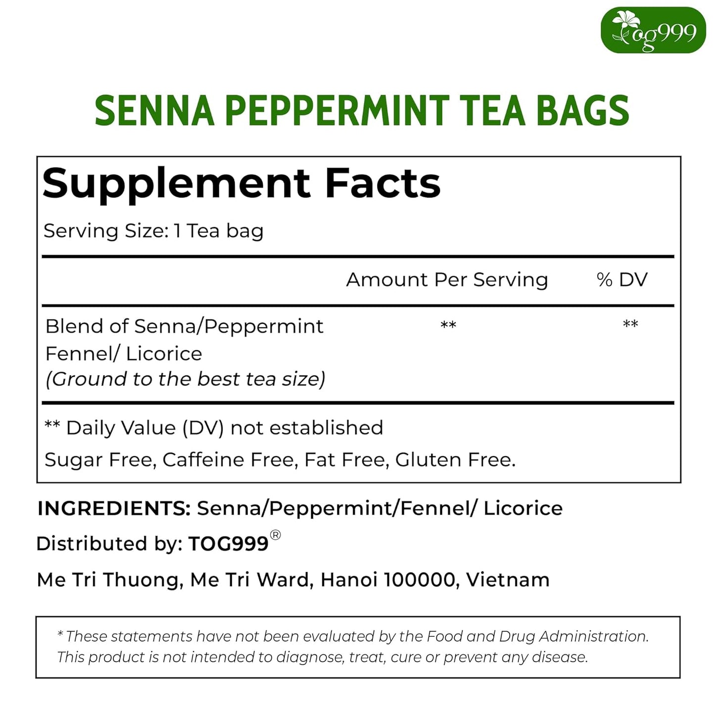 Bolsitas de té premium de menta y sen. Té natural para aliviar el estreñimiento. 