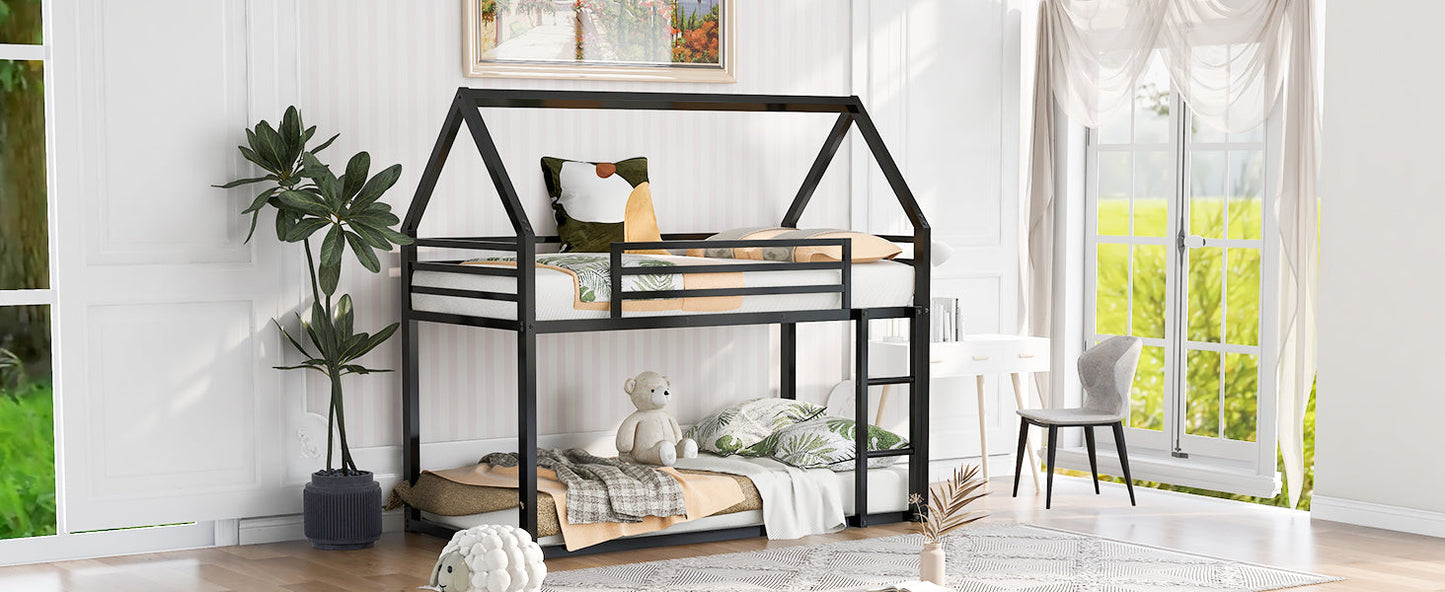 Twin over Twin House Bunk Bed with Built-in Ladder - Black