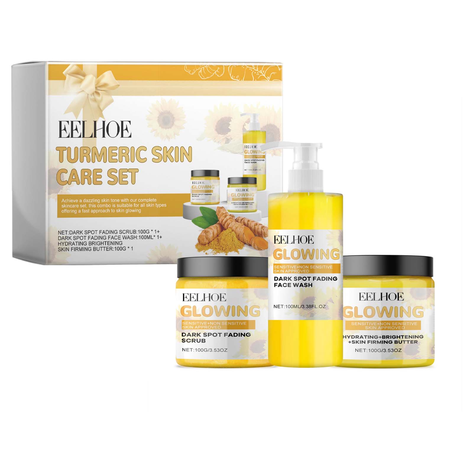 Turmeric Skin Care Set Hydrating Moisturizing Cleanser Refreshing Oil Control Subtle Lines Nourishing Cleansing Set - Korvel