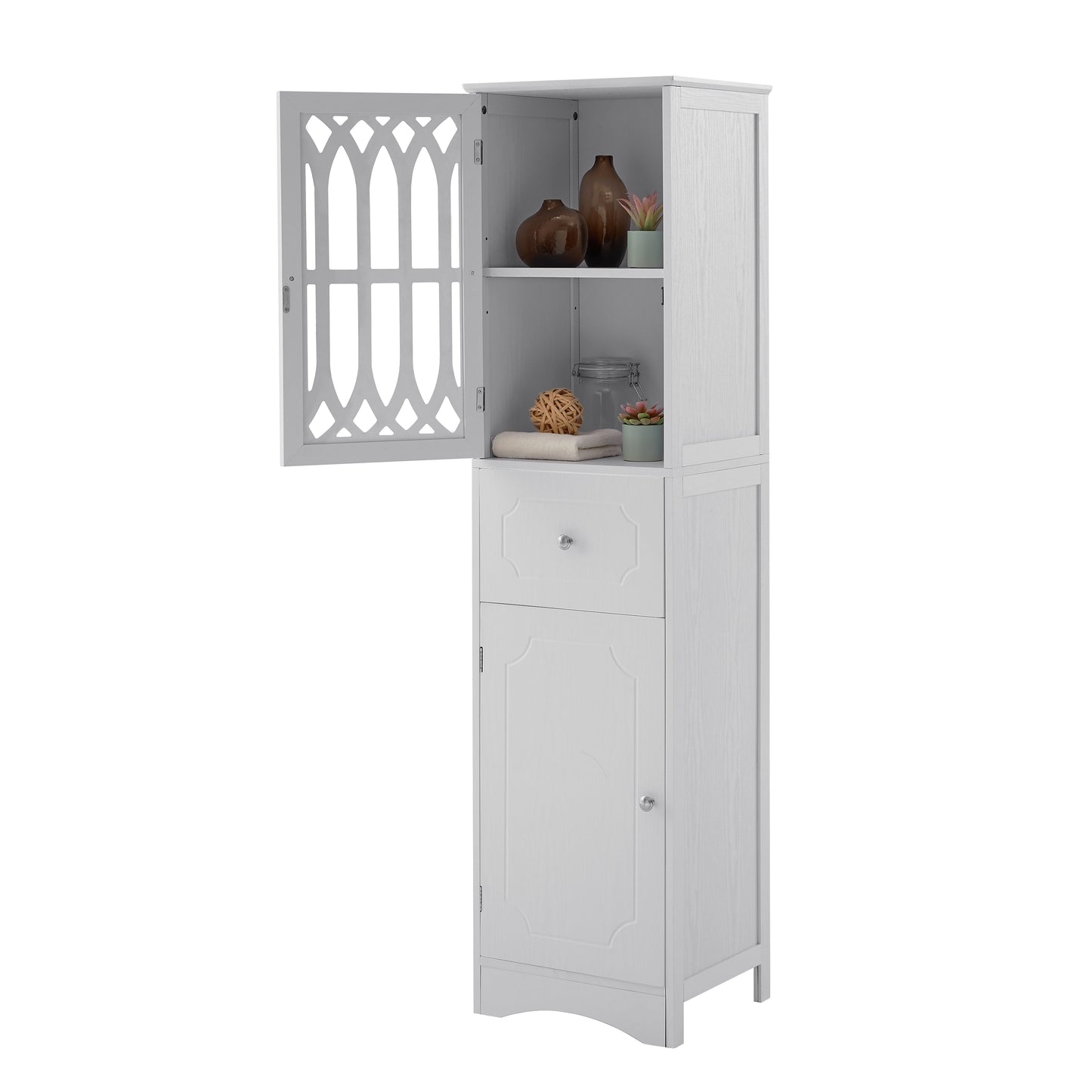 Elegant Tall Bathroom Cabinet with Adjustable Shelf - White