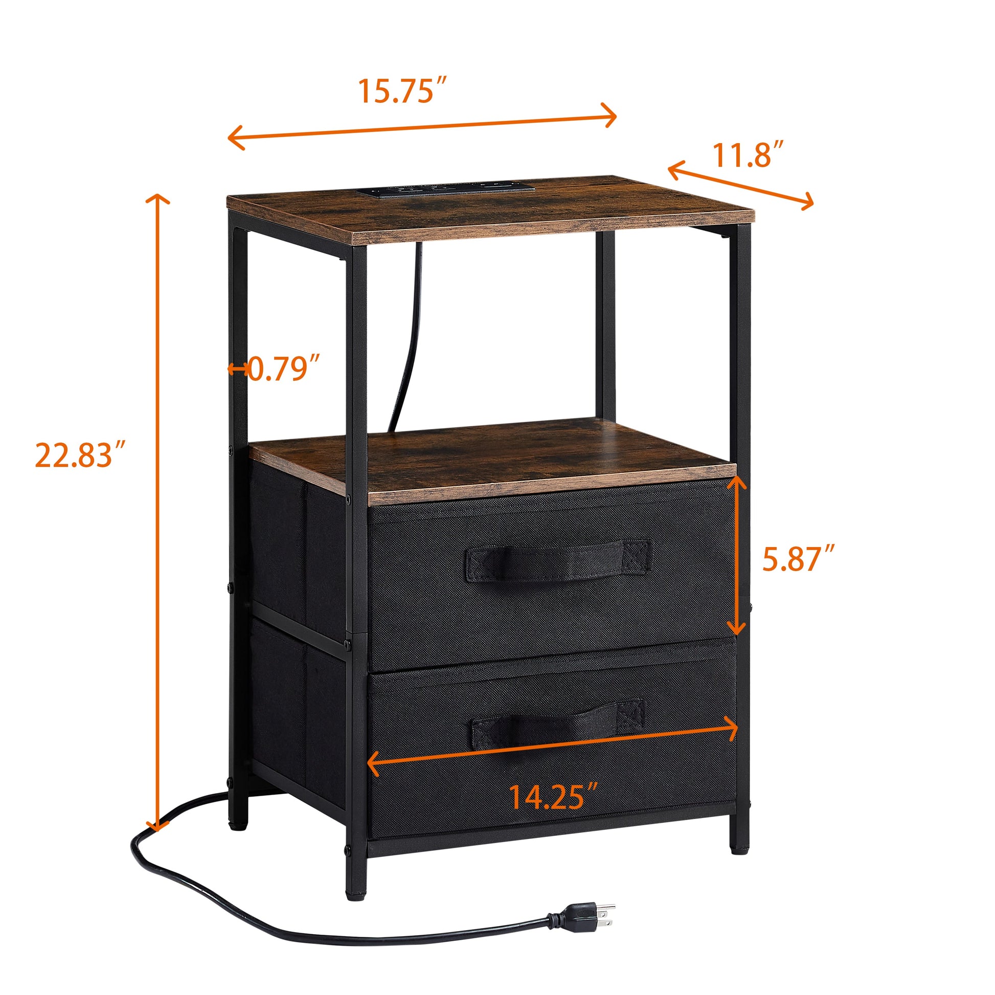 Tea table with charging station, bedside table with USB port, socket and cloth bag, 2 drawers - Korvel