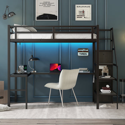 Full Size Loft Bed with L-shaped Desk and USB - Black