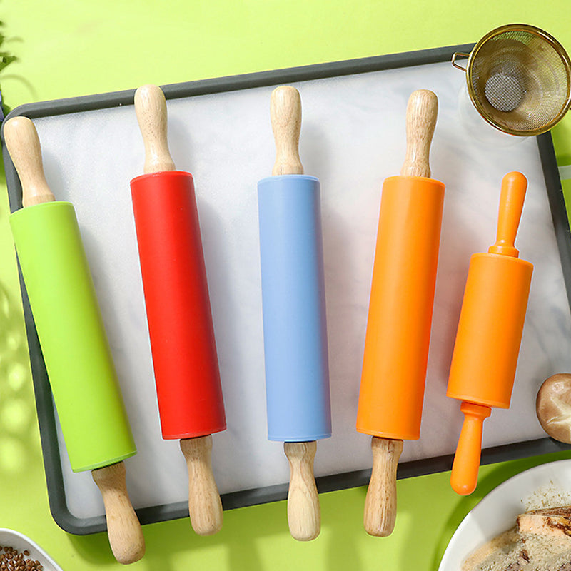 Wooden Handle Silicone Rolling Pin Rolling Pin Roller Flour Pin Small Medium And Large Household Baking Tools And Kitchenware - Korvel