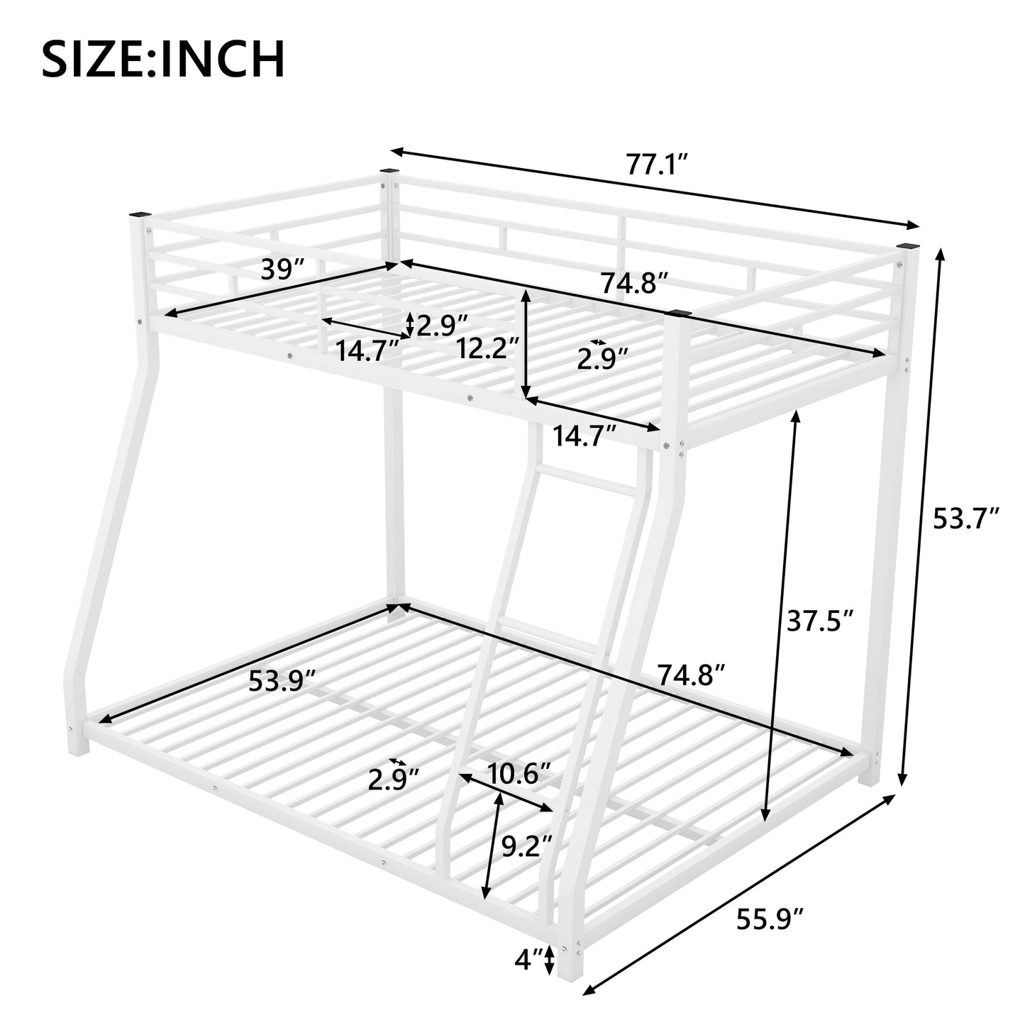 Premium Metal Floor Bunk Bed - Twin over Full in White