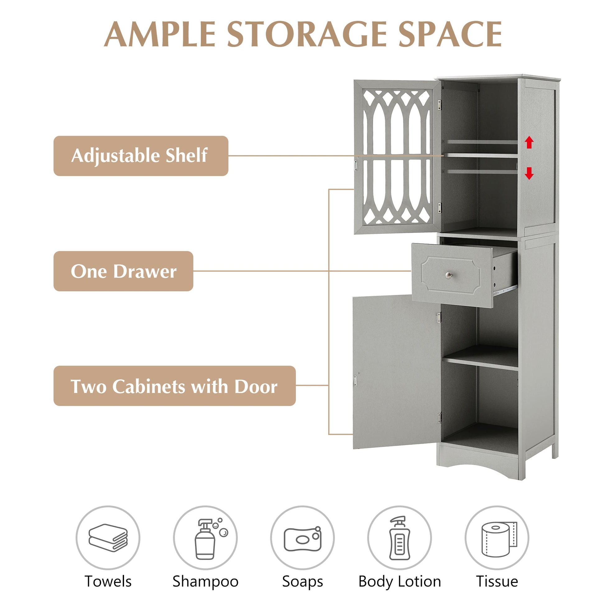 Tall Bathroom Cabinet, Freestanding Storage Cabinet with Drawer and Doors, MDF Board, Acrylic Door, Adjustable Shelf, Grey - Korvel