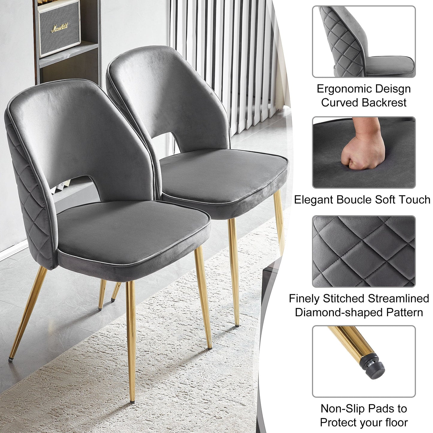 Sillas de Comedor de Terciopelo Gris con Patas de Metal - Set de 4