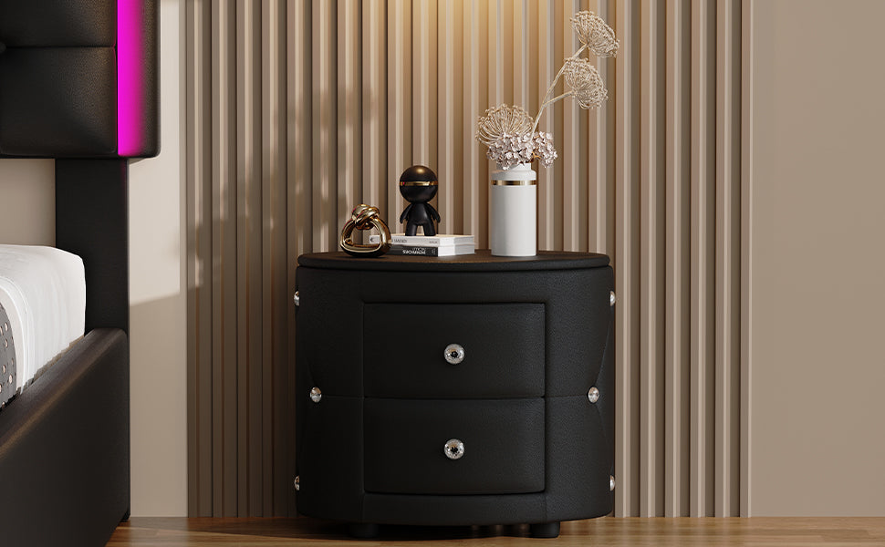 Elegant PU Nightstand with 2 Drawers and Crystal Handle,Fully Assembled Except Legs&Handles,Storage Bedside Table - Black - Korvel