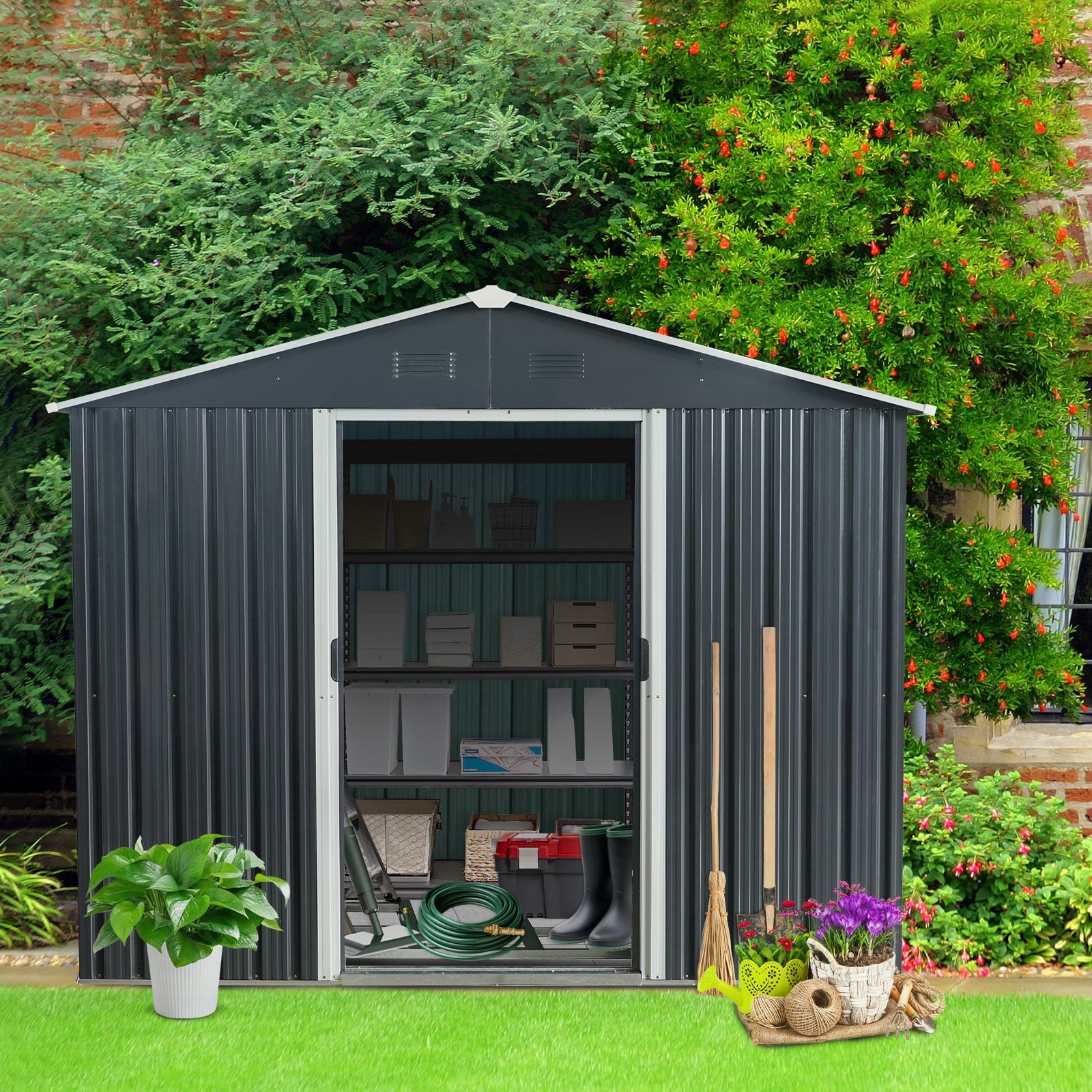 8ft x 10ft Outdoor Metal Storage Shed with Floor Base Black - Korvel