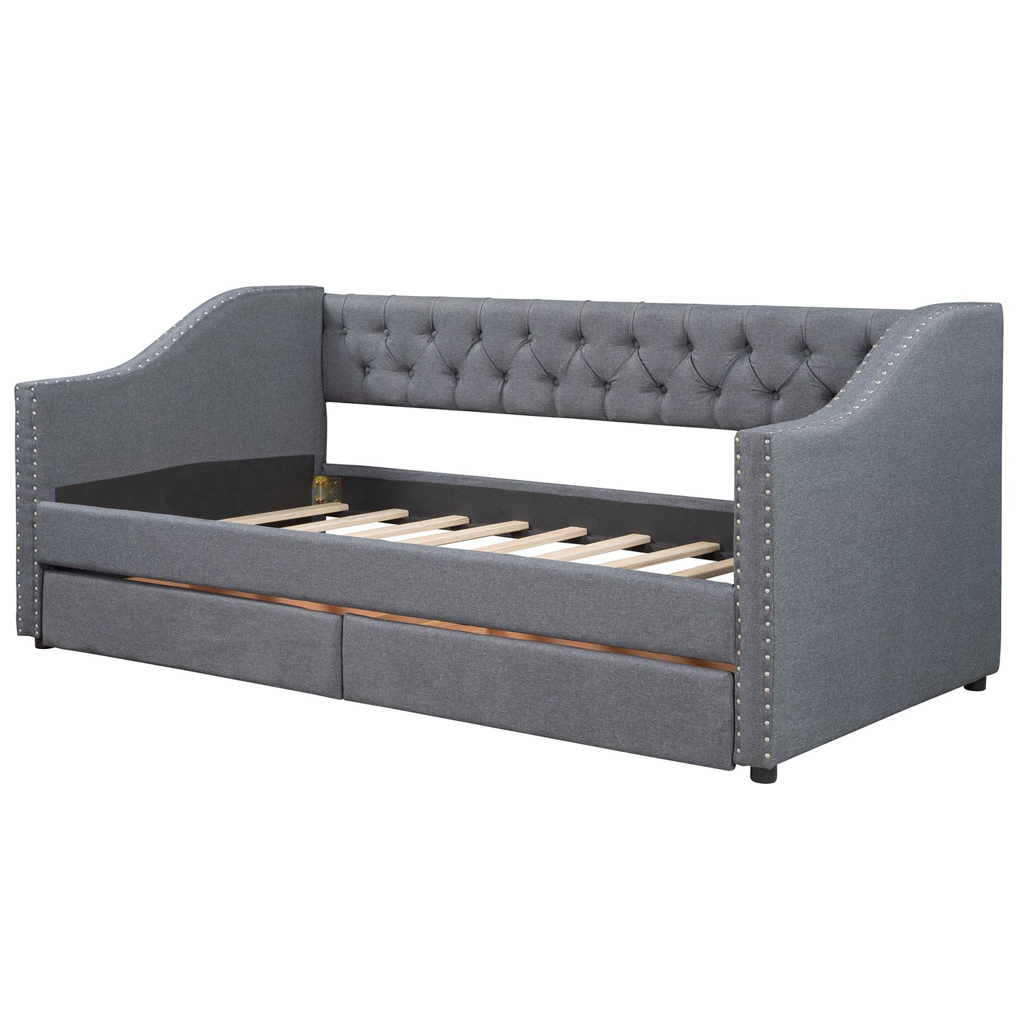 Cama nido tapizada de tamaño individual con dos cajones - Gris